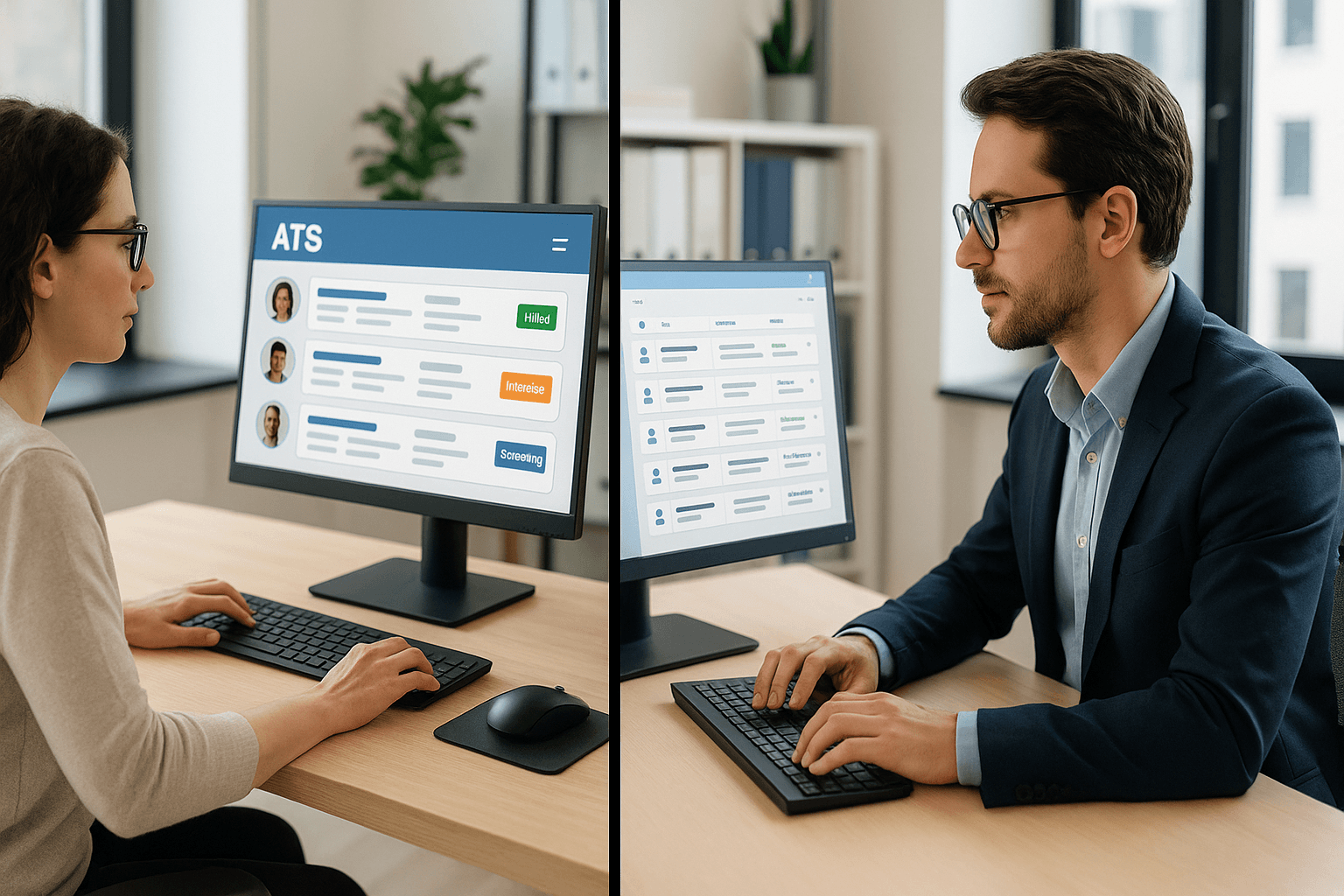Digitale splitscreen: links een recruiter die kandidaten in een ATS beheert, rechts een accountmanager die relaties in een CRM bijwerkt, moderne kantooromgeving, realistische stijl