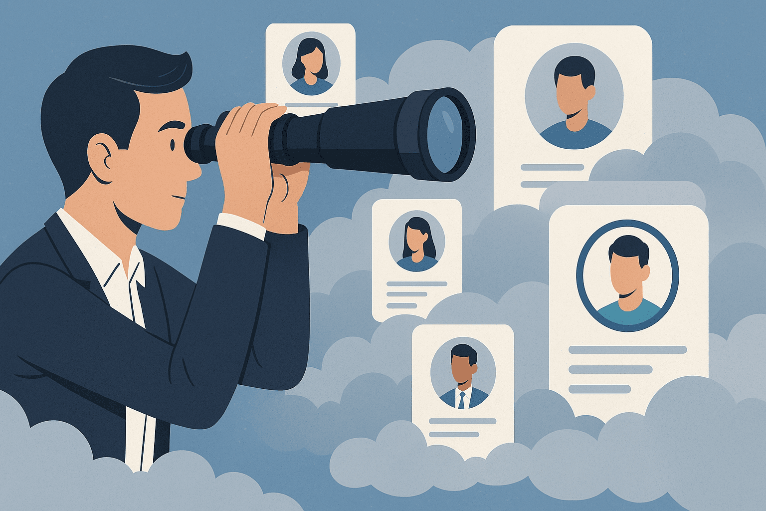 Een recruiter die met een verrekijker door een wolk van profielen kijkt, zoekend naar de perfecte kandidaat