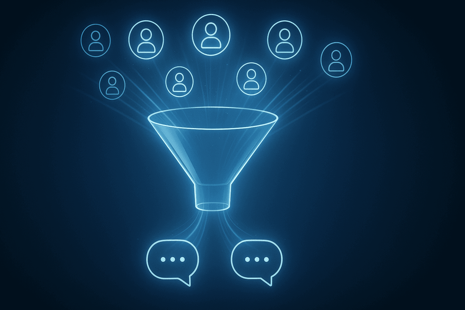 Abstract beeld van een transparante trechter waarin lichtstromen van profielen naar gesprekken vloeien. Symbolisch voor conversie in een wervingscampagne