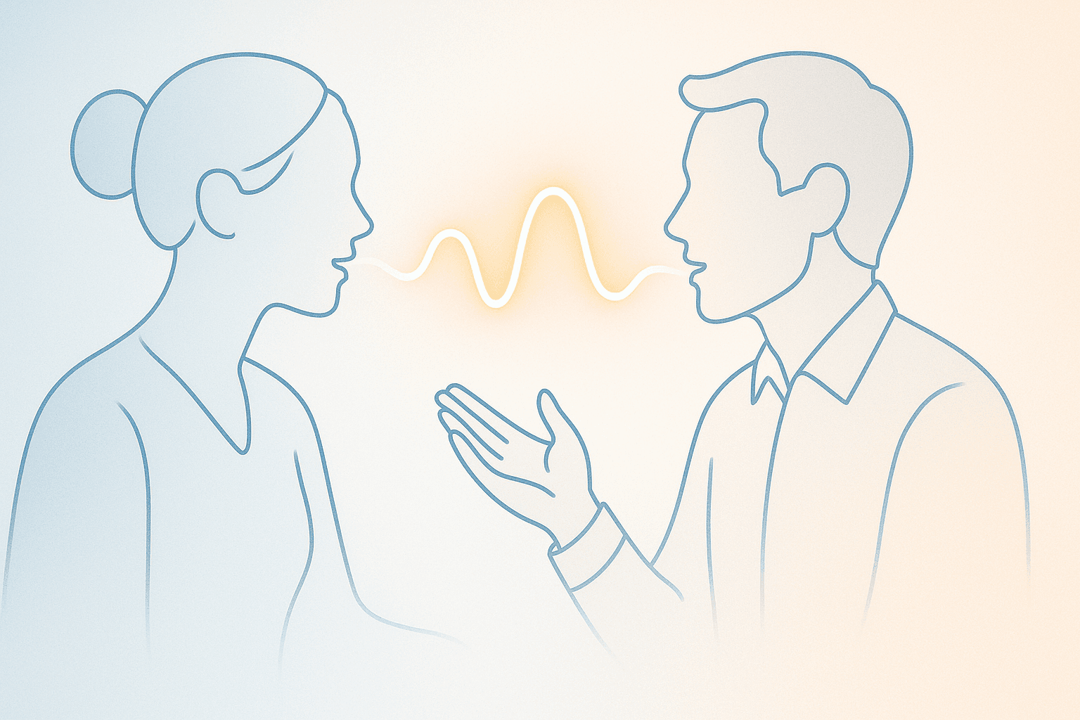 Een abstracte lijntekening van twee mensen die via lichtgolven met elkaar praten in een digitale omgeving. Zachte tinten blauw, wit en oranje.