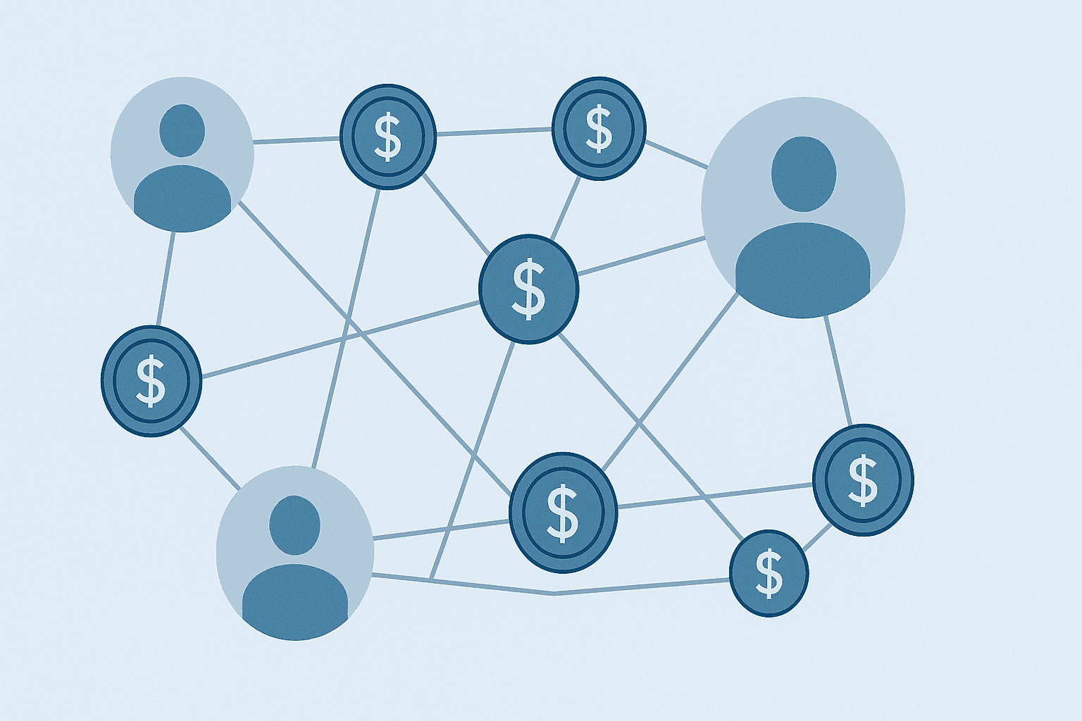Een visuele metafoor van InMail-credits als muntjes of tokens die via lijnen verbonden zijn met profielen op een digitaal netwerk.