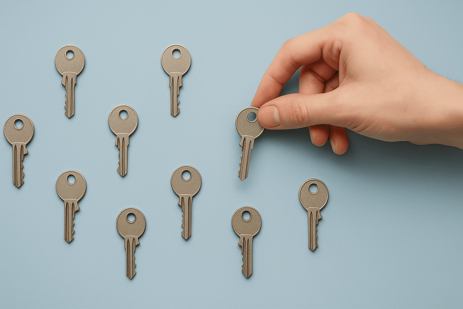 Een hand die één sleutel kiest uit vele, symbool voor het juiste, persoonlijke bericht. Lichtblauwe achtergrond, focus op eenvoud en precisie,