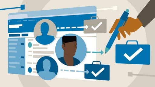 Illustratie van een online wervingsproces: een hand met pen selecteert kandidaten op een digitaal platform, met profielfoto’s, pictogrammen van koffers en vinkjes die succesvolle matches voorstellen.