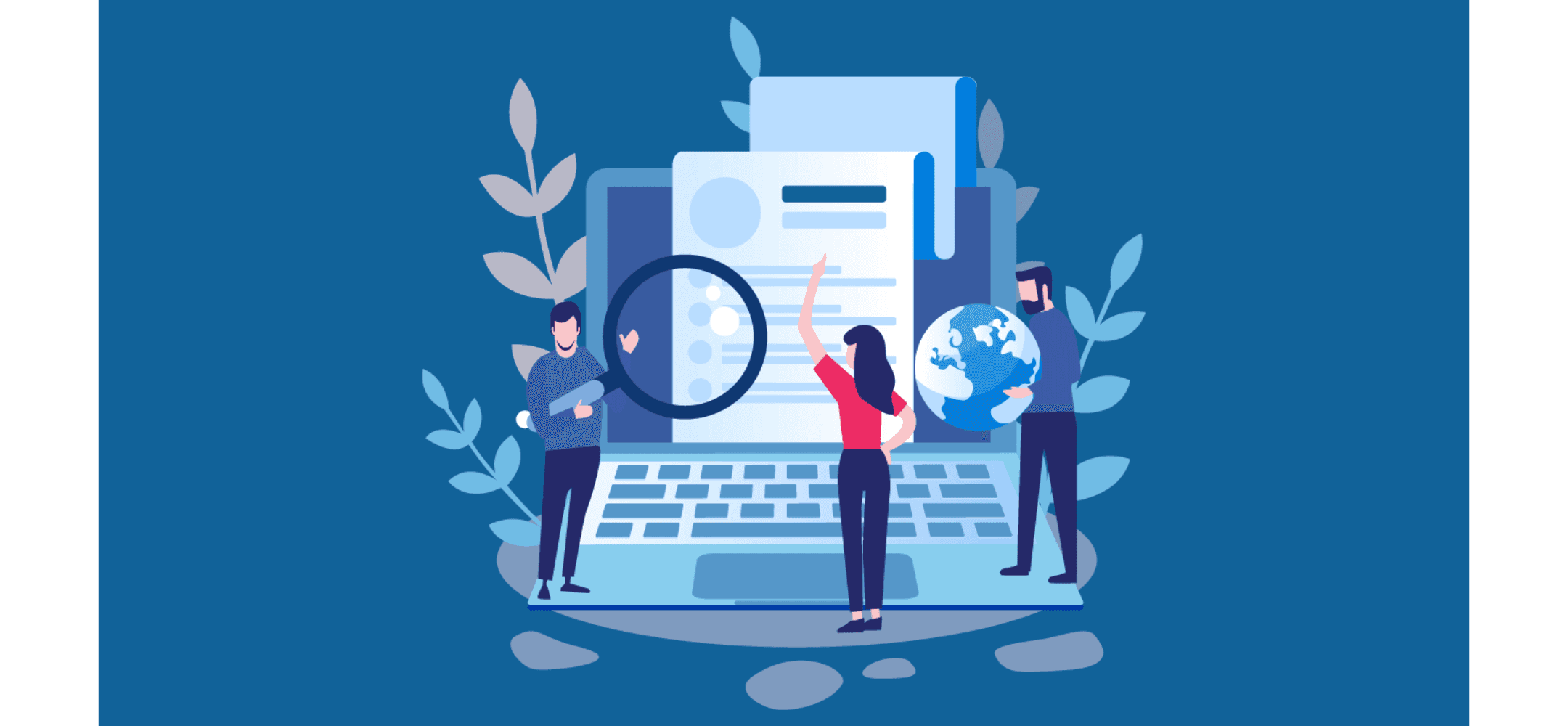 Illustratie van drie mensen die samenwerken rond een grote laptop, met één persoon die een vergrootglas vasthoudt, één die naar een document op het scherm wijst en één die een wereldbol houdt, symbool voor online onderzoek, data-analyse en wereldwijde samenwerking.
