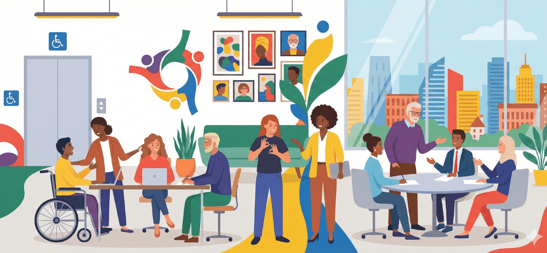 Een platte illustratie van een inclusieve en diverse werkvloer, waar een groep medewerkers van verschillende leeftijden, achtergronden en capaciteiten, waaronder een man in een rolstoel en een vrouw met een hoofddoek, samenwerken en overleggen in een modern kantoor.