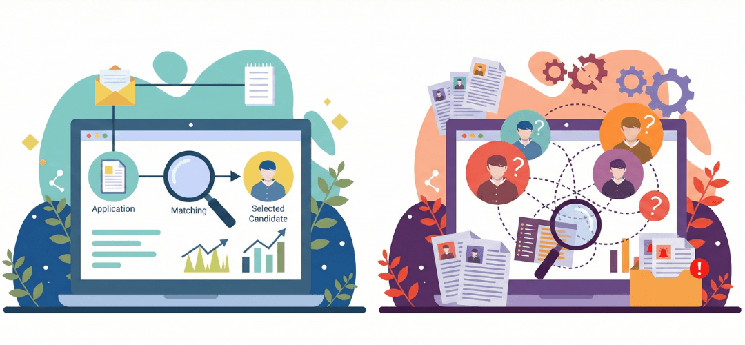 Blog header over de zin en onzin van recruitment tools. Illustratie van een efficiënt en geautomatiseerd wervings- en selectieproces met kandidatenprofielen en data-analyse.