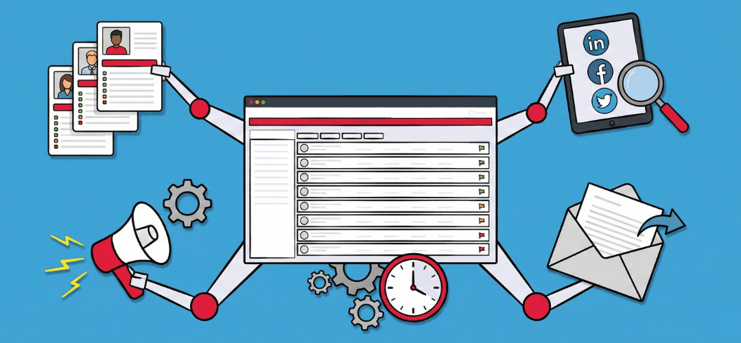 Illustratie van een geautomatiseerd systeem voor recruitment marketing. Een centrale webinterface (lijkt op een CRM of ATS) wordt bediend door vier robotarmen. De armen wijzen naar en houden elementen vast die cruciaal zijn voor recruitment: linksboven liggen stapels cv's/kandidatenprofielen, linksonder is een megafoon voor wervingscampagnes/uitzenden van berichten, rechtsonder is een envelop die duidt op e-mailautomatisering, en rechtsboven is een tablet met sociale media-iconen (LinkedIn, Facebook, Twitter) en een vergrootglas voor sourcing/targetting. Tandwielen en een klok (tijd) symboliseren automatisering en efficiëntie. Het geheel staat op een helderblauwe achtergrond.