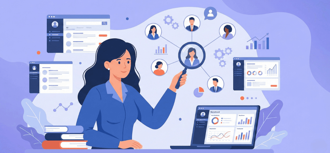 Een illustratie voor een blogheader waarin een vrouwelijke recruiter in een blauw shirt achter een bureau zit, omringd door zwevende digitale interfaces van recruitment- en data-analysetools, en met een vergrootglas gericht op een netwerk van profielen. De achtergrond is een zachte paarse en blauwe golvende vorm met abstracte bladeren. De afbeelding bevat geen tekst.