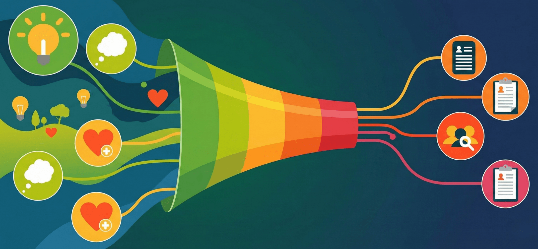 Illustratie van een marketingtrechter voor werving, zonder tekst. Aan de linkerkant zie je een creatief landschap met lampen, gedachtenwolken en harten. Dit stroomt in een meerkleurige trechter die van groen naar geel, oranje en rood gaat. Aan de rechterkant komen de stromen uit in iconen van cv's, mensen en checklists. Het beeld toont het proces van eerste indruk tot aangenomen kandidaat.