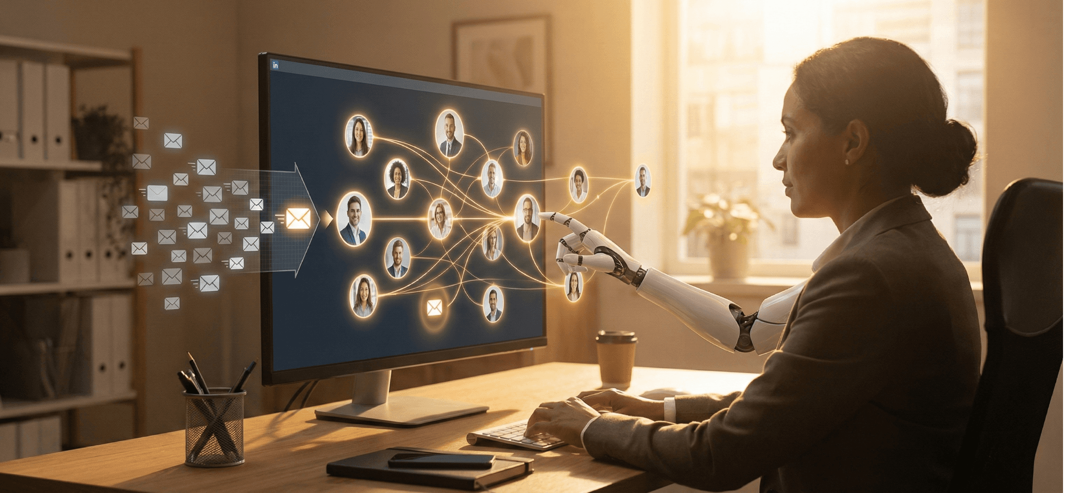 Een vrouw werkt op een computer, bijgestaan door een robotarm die een netwerk van profielfoto's en e-mails op het scherm bedient. Dit symboliseert geautomatiseerd en mens-ondersteund professioneel netwerken, zoals bij LinkedIn automation, waarbij spam wordt gefilterd en slimme interacties worden opgebouwd.