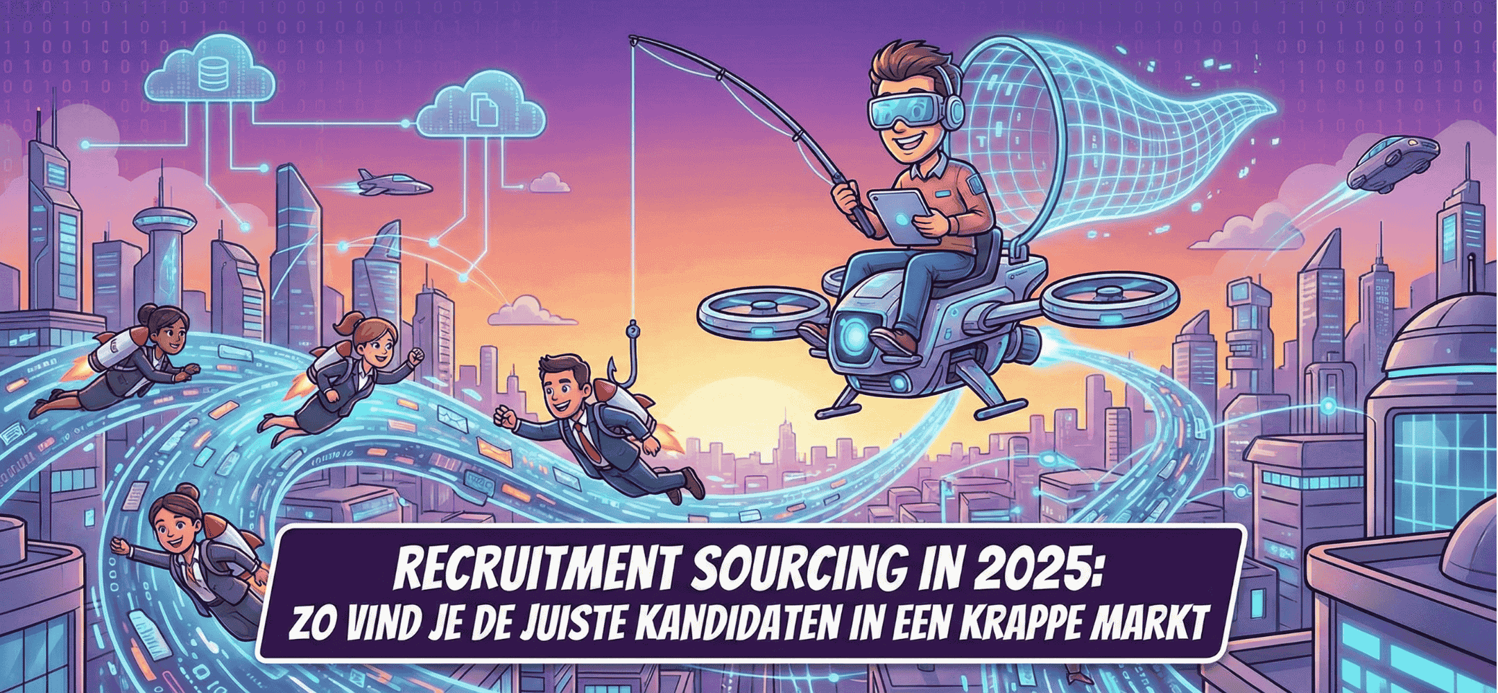 Cartoon blog header: Recruitment sourcing in 2025. Een futuristische recruiter op een drone vist met hightech instrumenten naar vliegende kandidaten in een moderne stad, met de titeltekst: Zo vind je de juiste kandidaten in een krappe markt.