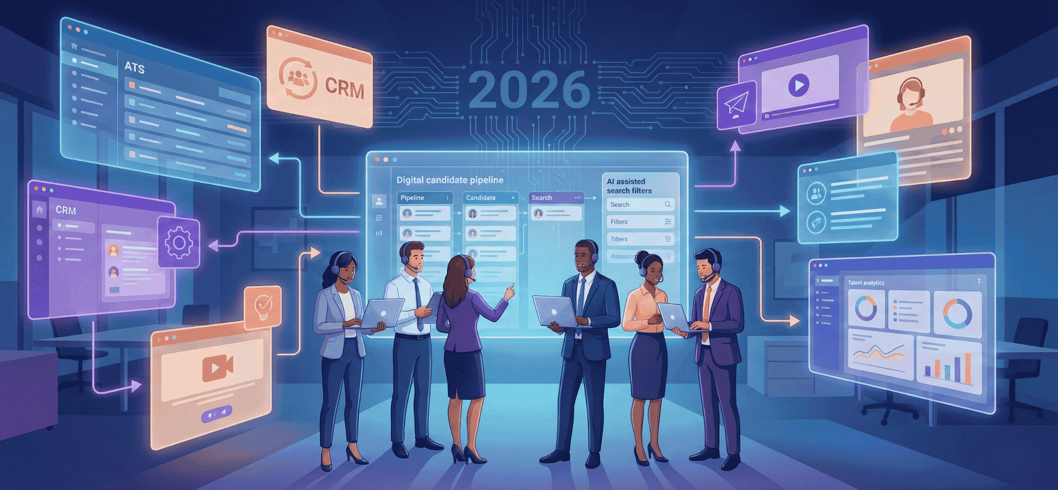 Futuristische blogheader illustratie die een geïntegreerde werving en selectie software stack toont voor 2026. Een groep diverse recruiters werkt in een moderne omgeving met interactieve holografische schermen die een ATS, CRM, digitale kandidatenpijplijn, AI-zoekfilters en talent analytics weergeven. Het jaartal 2026 is centraal bovenaan zichtbaar.