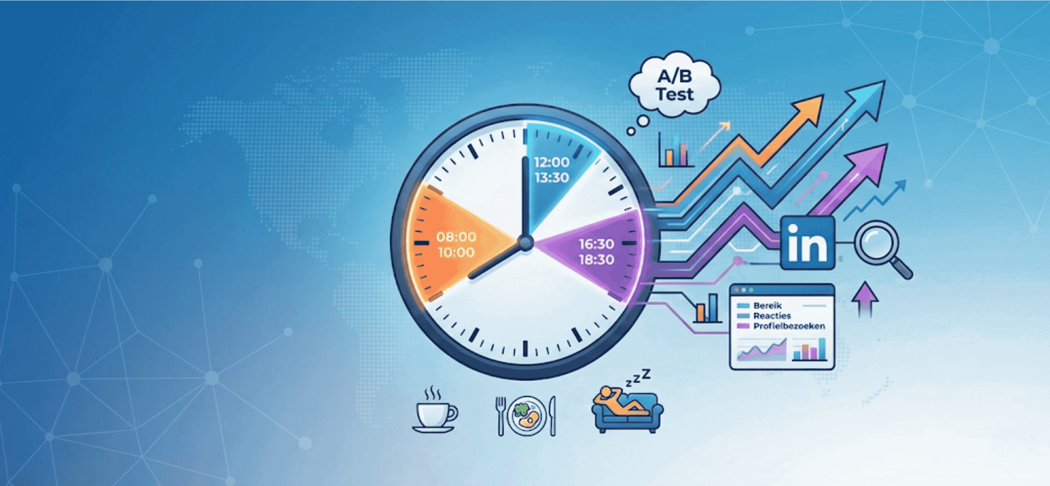 Een futuristische 3D-illustratie van een digitale tijdlijn waarop drie specifieke piekmomenten goud oplichten, symbool voor de beste tijden om te posten. Stijgende grafieken uit deze momenten visualiseren een data-gedreven aanpak voor meer bereik op LinkedIn.