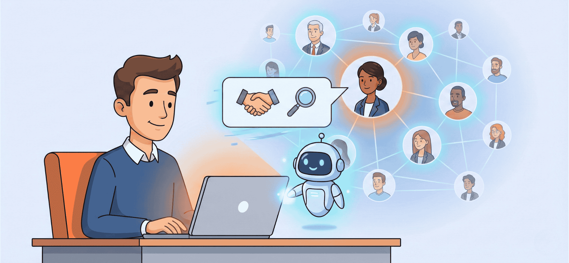 Een cartoonillustratie die visualiseert hoe een recruiter met behulp van een slimme AI-assistent een persoonlijk en gericht connectieverzoek verstuurt naar een kandidaat binnen een professioneel netwerk.