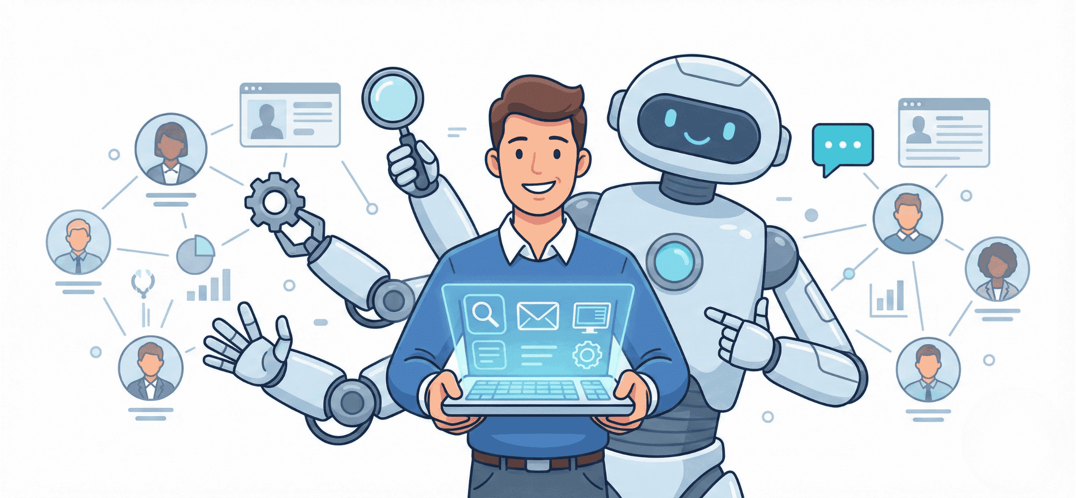 Een cartoonillustratie van een menselijke recruiter die samenwerkt met een veelzijdige AI-robotassistent, waarbij de mens de controle behoudt over het recruitmentproces.