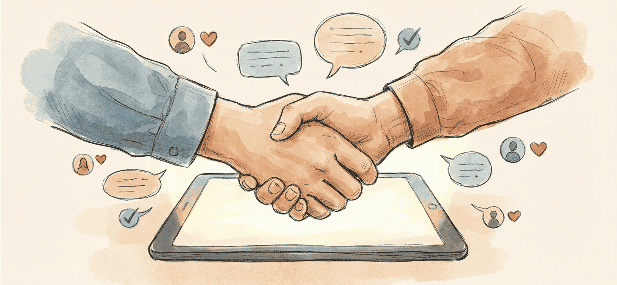 Een handgetekende illustratie in zachte tinten die twee handen toont die elkaar schudden boven een digitaal scherm, omringd door geschetste spreekwolken, wat de menselijke connectie in digitale werving benadrukt.
