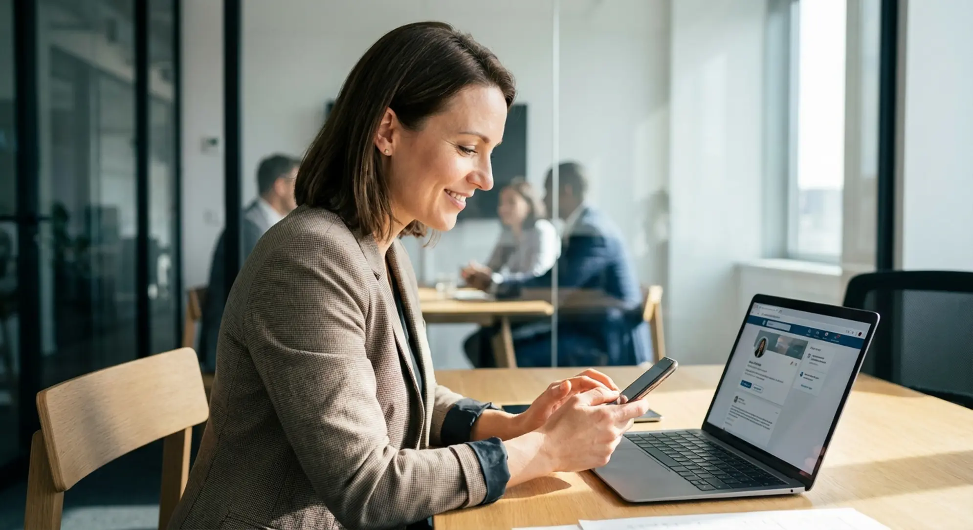 Recruiter stuurt persoonlijk bericht via laptop of mobiel in professionele, respectvolle setting