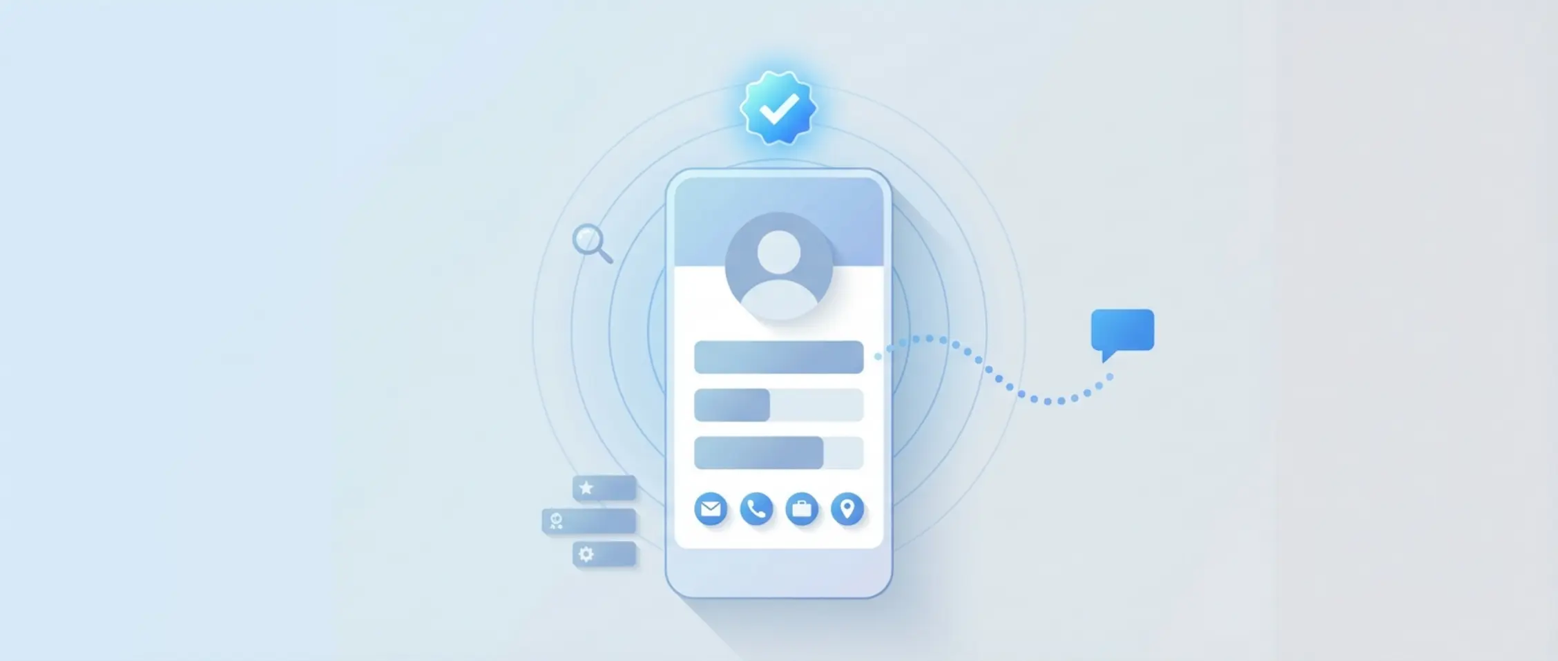 Minimalistisch profielscherm op smartphone met icoonknoppen, badges, chatpad, zoekringen en veel lege ruimte in strak blauwgrijs kleurenschema.