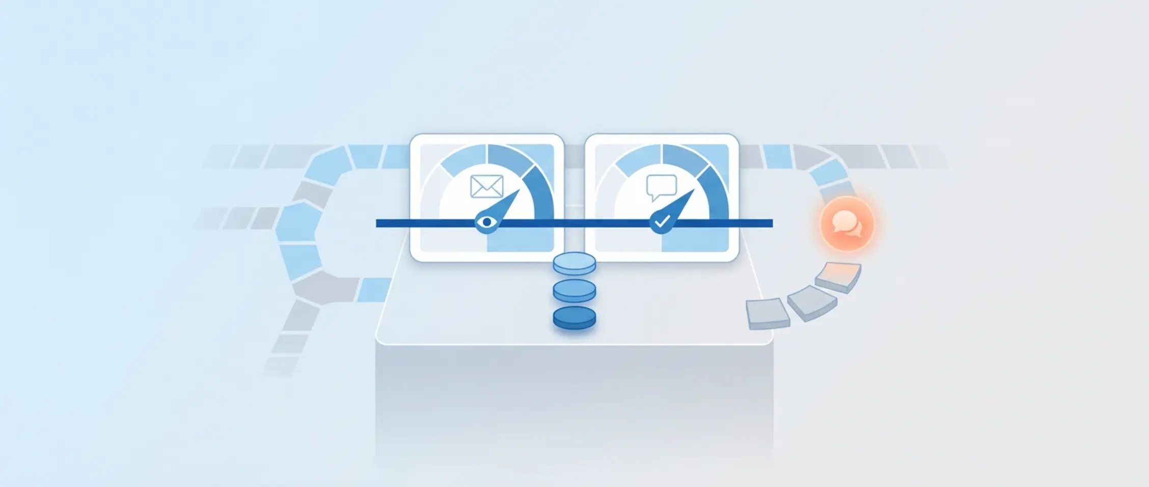 Minimalistische vectorafbeelding van twee metertjes voor open- en reply-ratio’s op een modern dashboard met veel witte ruimte en visuele metaforen.