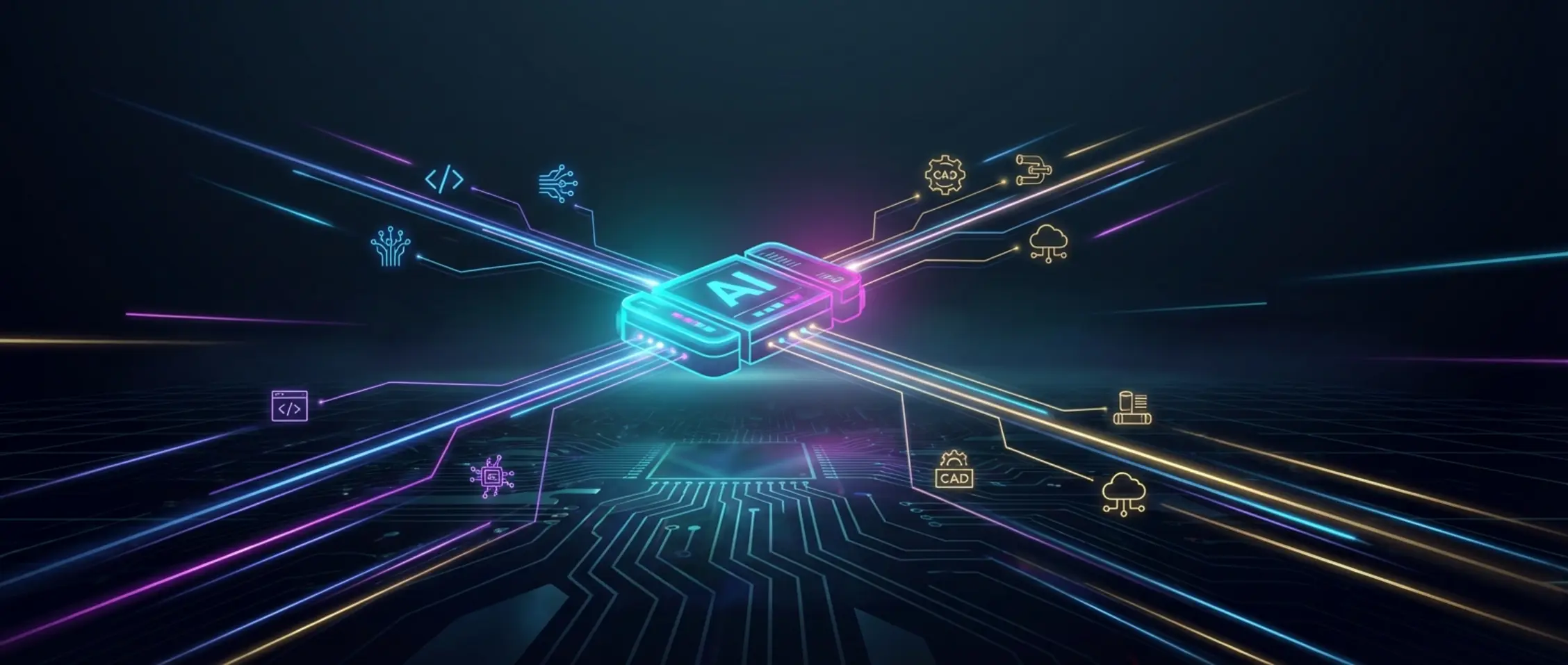 Lichtgevende AI-navigatieconsole projecteert stralen naar technische iconen in een donker digitaal landschap met neonaccenten en ruimtelijk perspectief.
