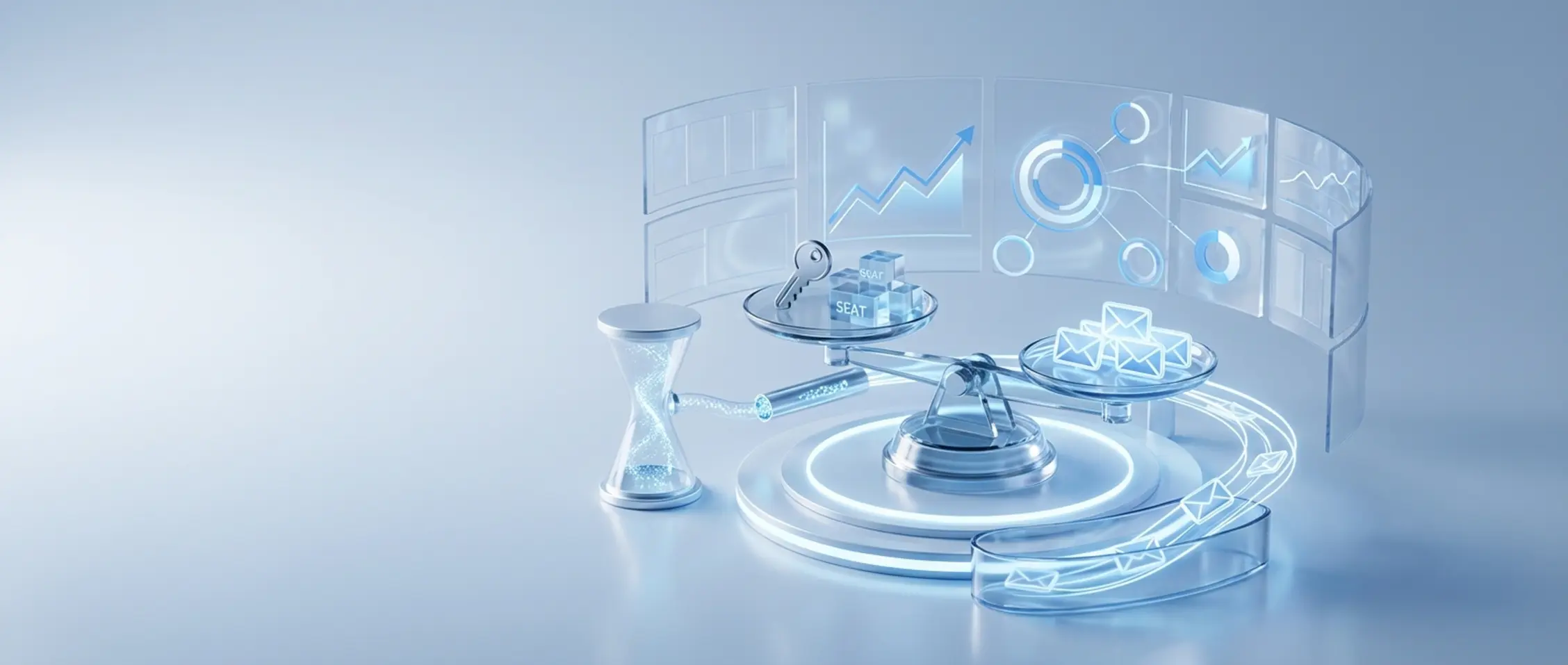 Futuristische machine met een glazen weegschaal die LinkedIn-licenties en InMail-tegoeden balanceert, omgeven door visuele optimalisatie-elementen.