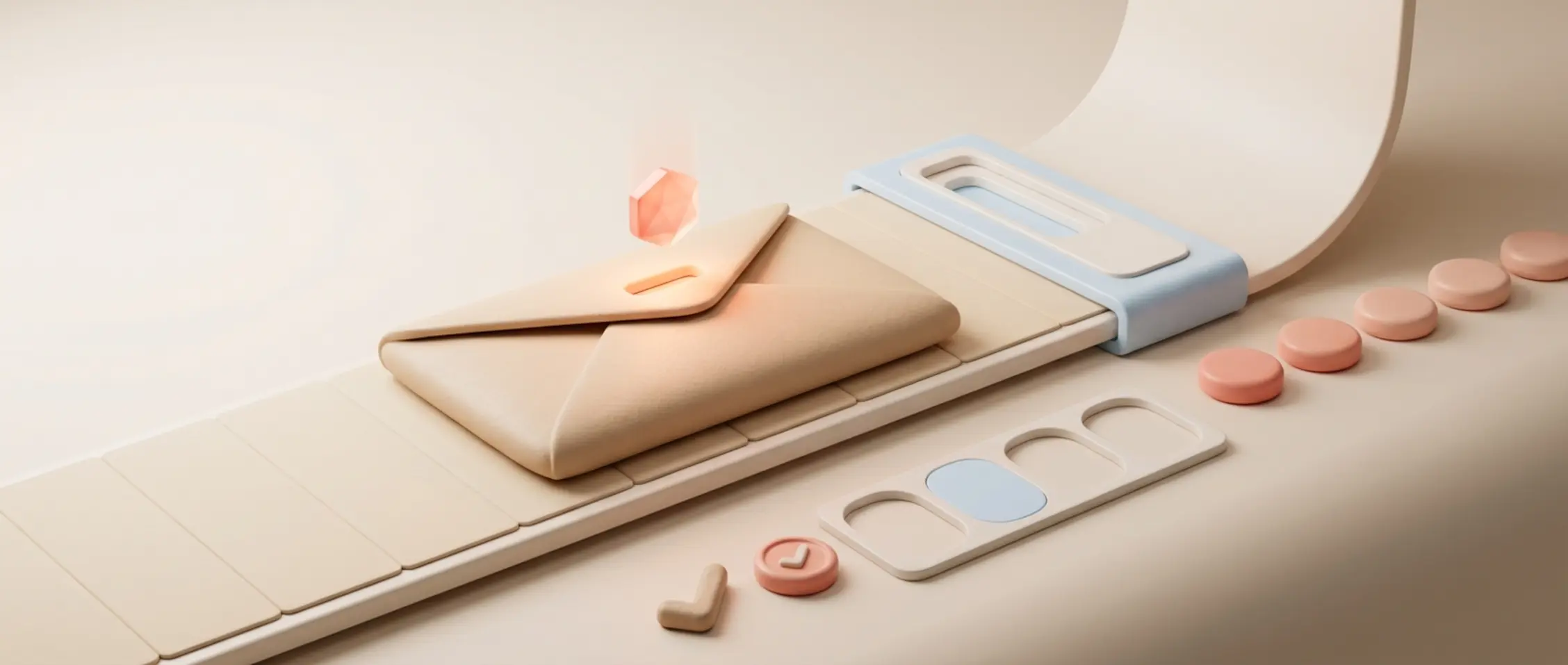 Minimalistische 3D compositie van een matte envelop met een gloeiende profieltoken op een strakke sjabloonachtige ondergrond.