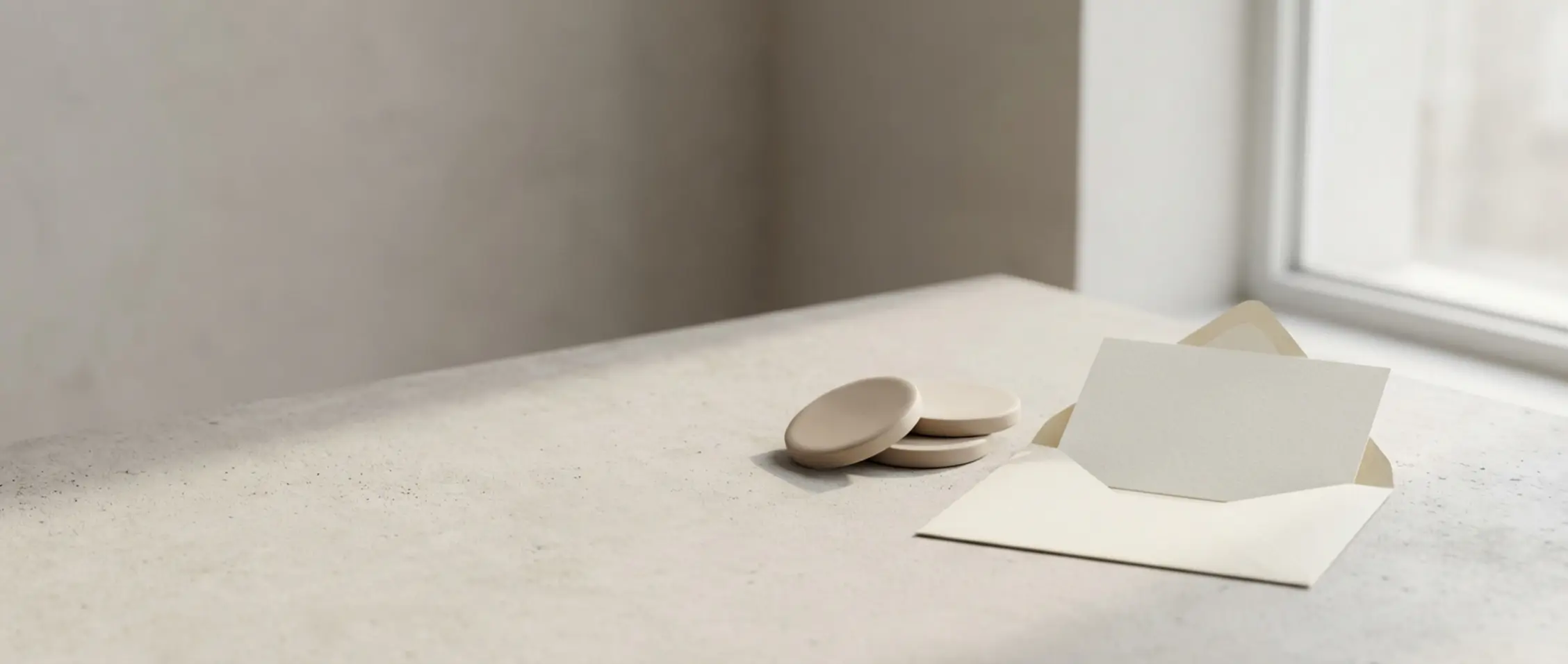 Open envelop met gedeeltelijk uitgeschoven antwoordkaart naast stapel identieke tokens op lichtgrijs bureau in zacht natuurlijk licht