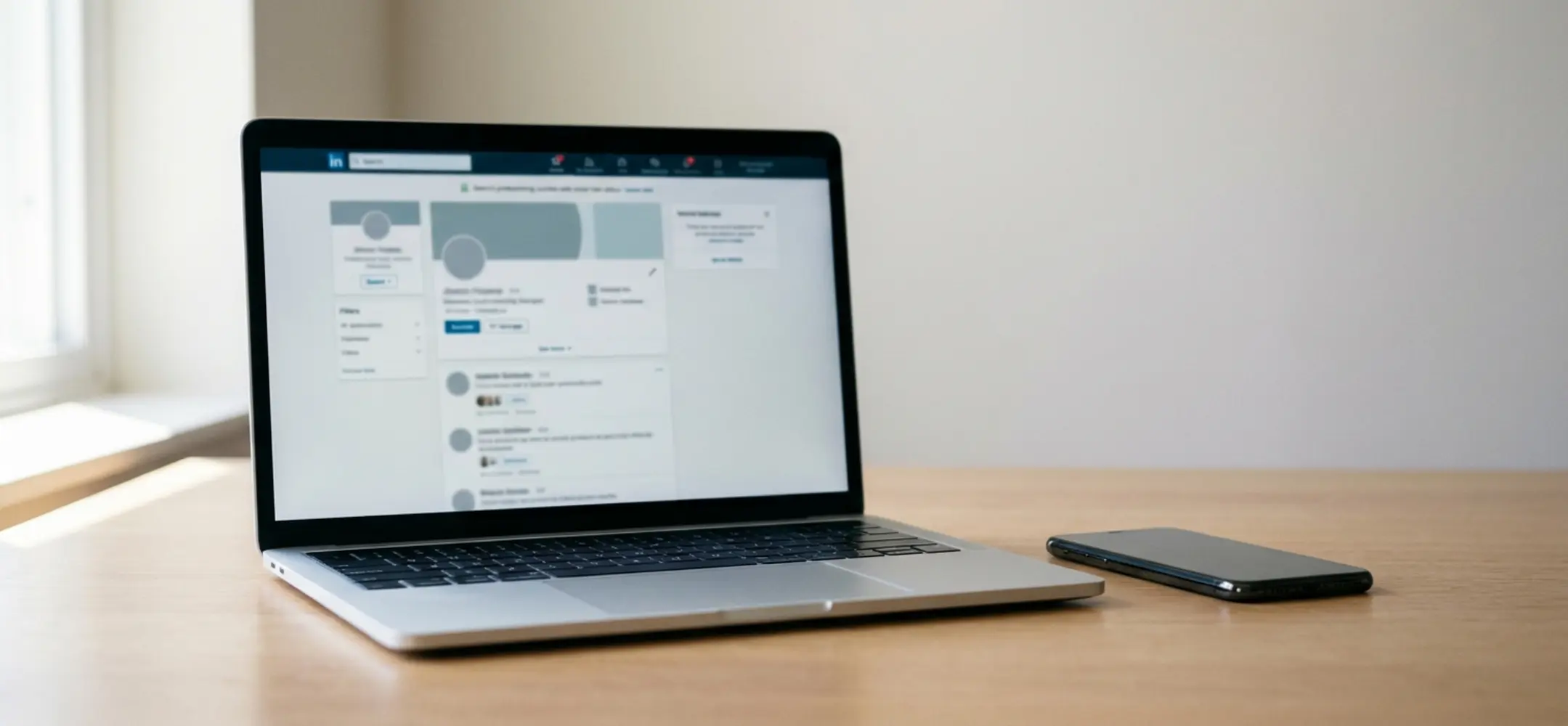 Open laptop en smartphone op een opgeruimd bureau met een professioneel zoekscherm, verlicht door natuurlijk daglicht.
