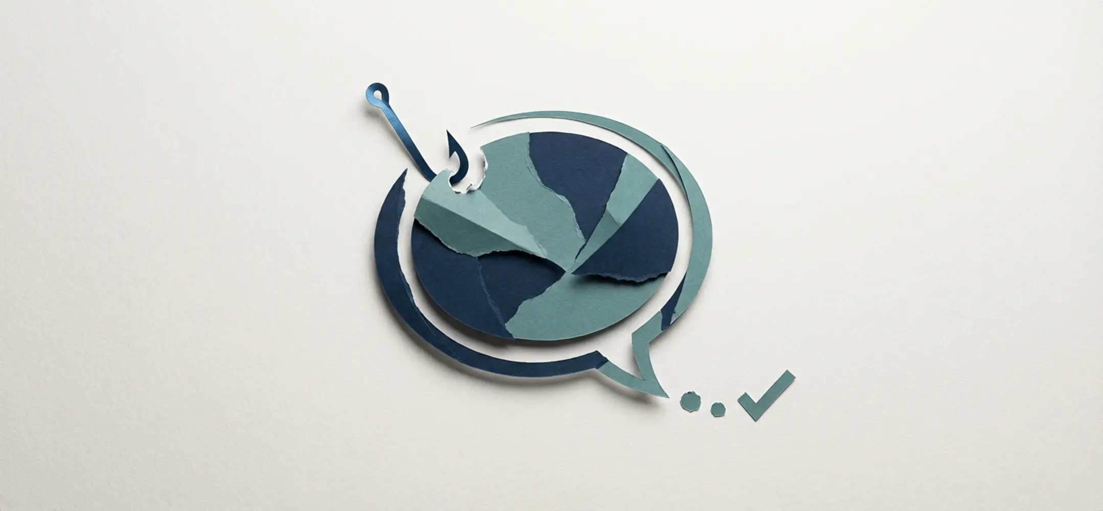 Abstracte compositie met uitgesneden papieren tekstballon, subtiele haakvorm en stippen op een rustige achtergrond in navy en teal tinten.