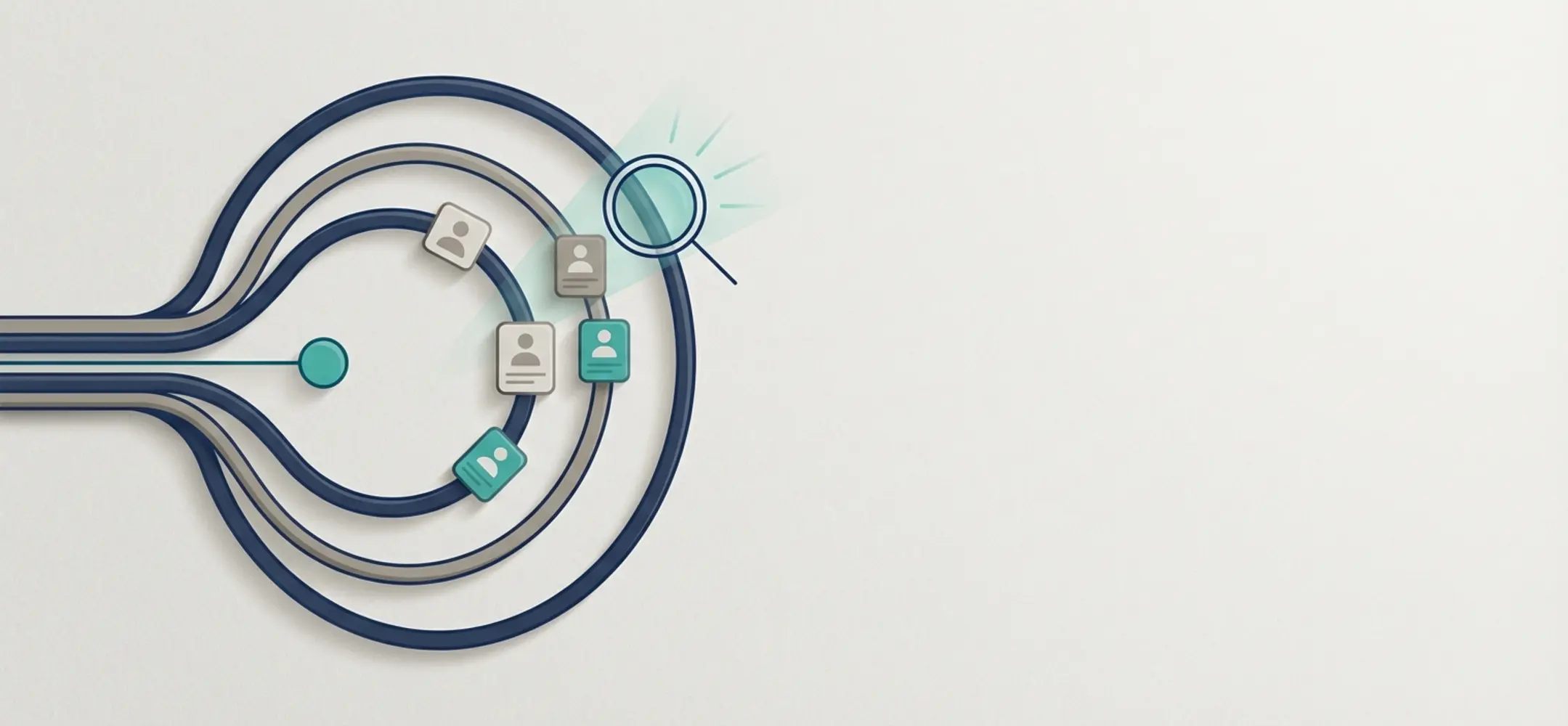 Illustratie van een gestileerde talentenpijplijn als trechtervormige banen met profielkaarten en een vergrootglas in een minimalistische stijl.