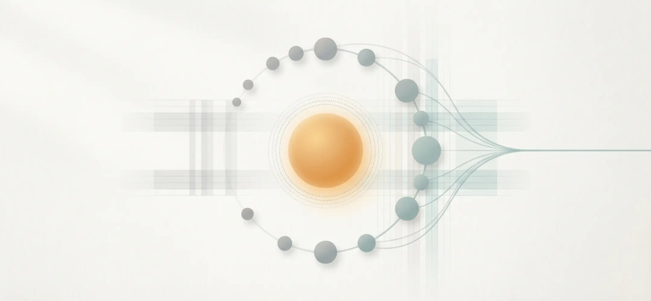 Abstracte poster met een warme kerncirkel die koele kleinere knooppunten voedt in een boog die samenkomt in één duidelijke route.