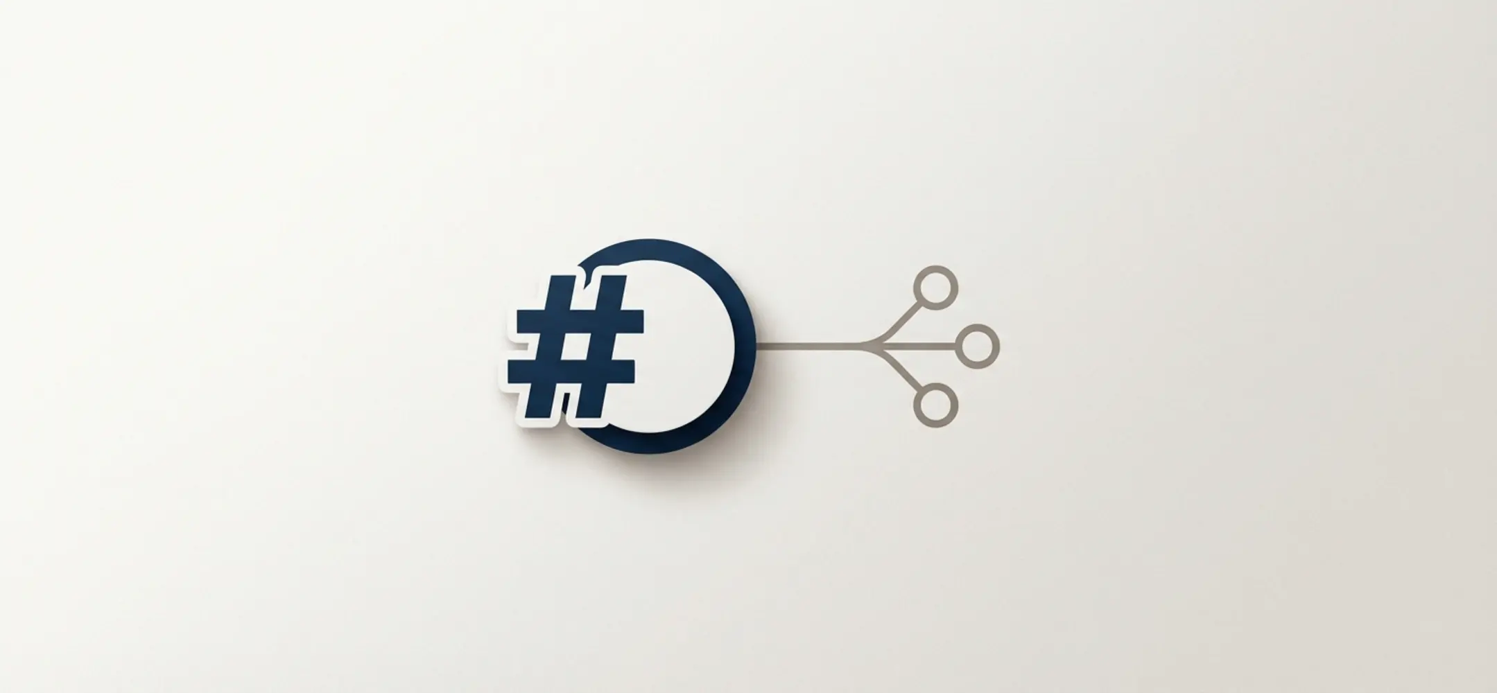 Minimalistische compositie met een centraal hashtagsymbool verbonden aan drie kleine knooppunten op een zachte, neutrale achtergrond.