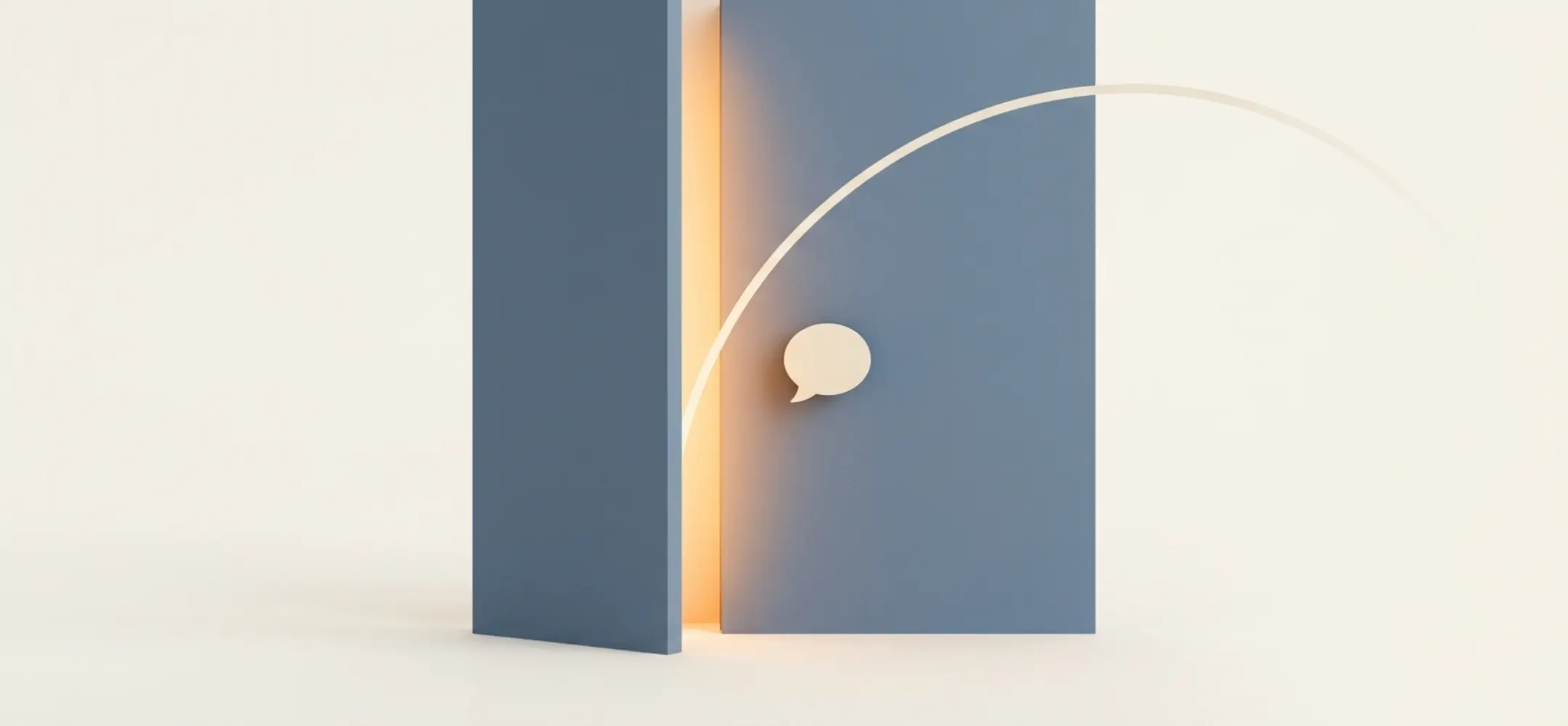 Abstracte minimalistische afbeelding van een deels open deur waar warm licht doorheen schijnt met een kleine spraakbel-vorm erbij.