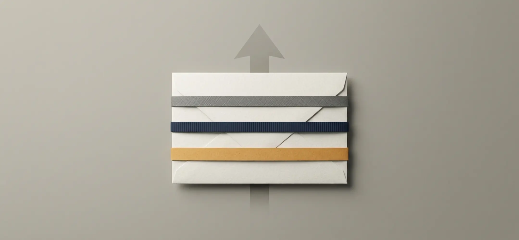 Minimalistische poster van gesloten notificatiekaart met drie gekleurde banden en subtiele opwaartse pijl op rustige matte achtergrond