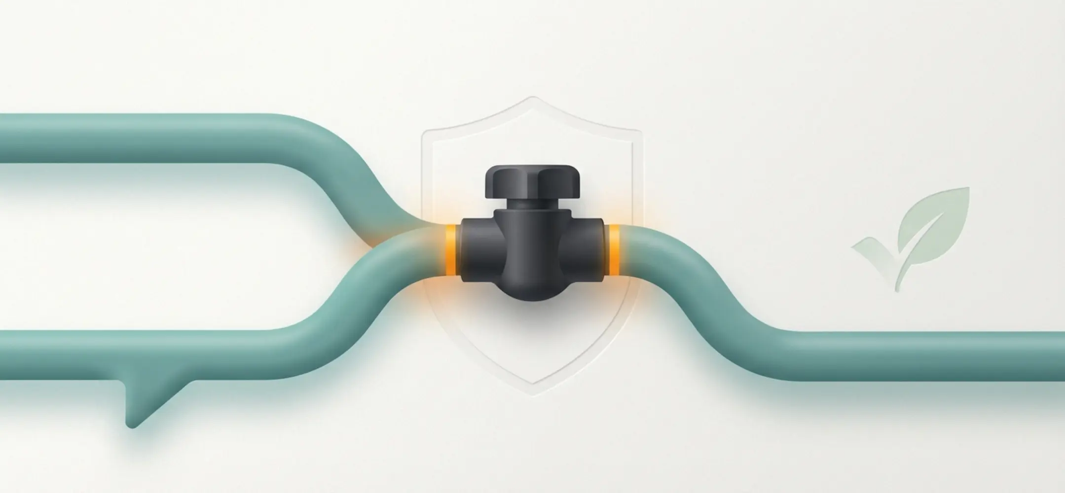 Minimalistische illustratie van een communicatieknop die een spraakbuis vernauwt als metafoor voor LinkedIn berichtlimieten met subtiele schild en blad