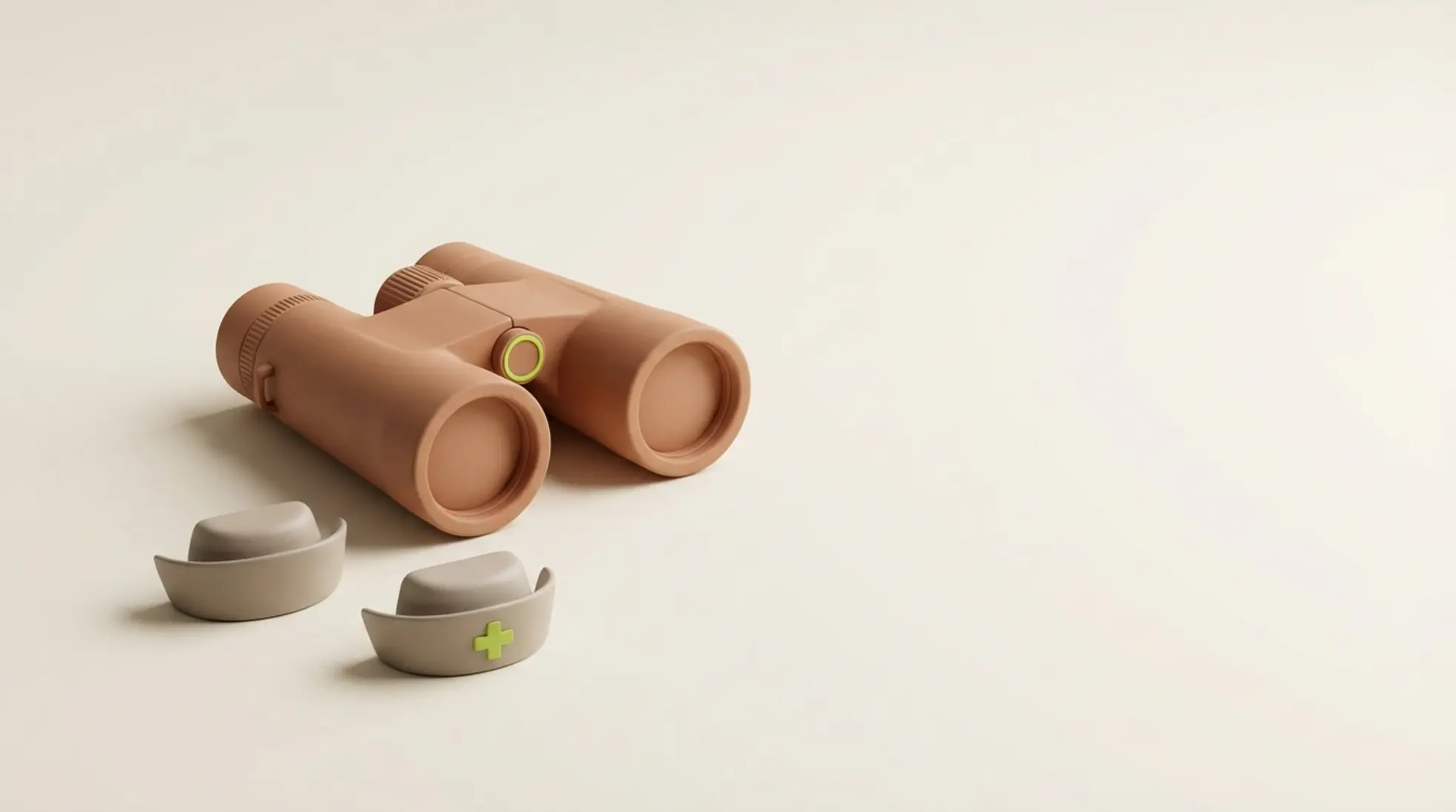 3D render van verrekijker naast twee minimalistische verpleegsterskapjes op creme achtergrond als metafoor voor recruiter die verpleegkundige zoekt