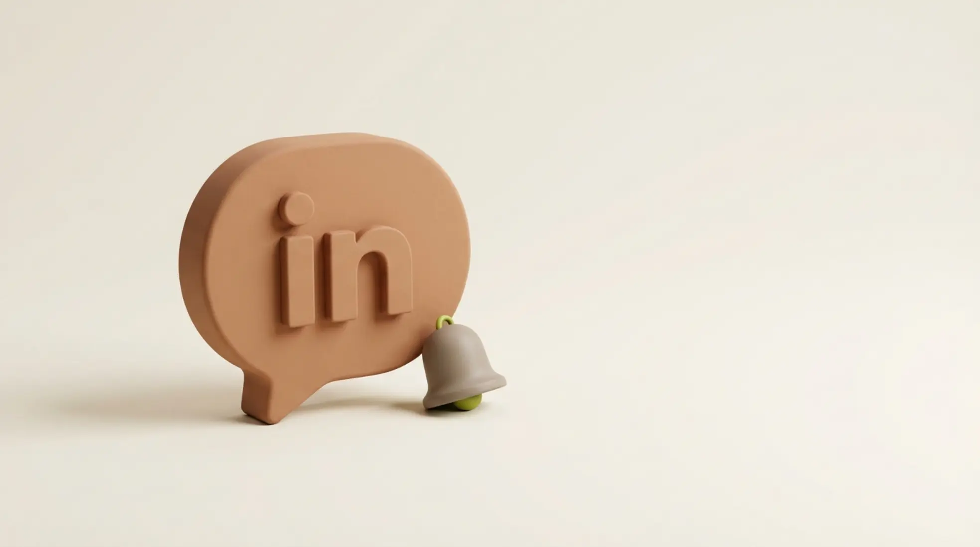 driedimensionale render van grote kleikleurige chatbubbel met kleine notificatiebel op rustige creme achtergrond veel lege ruimte rechts