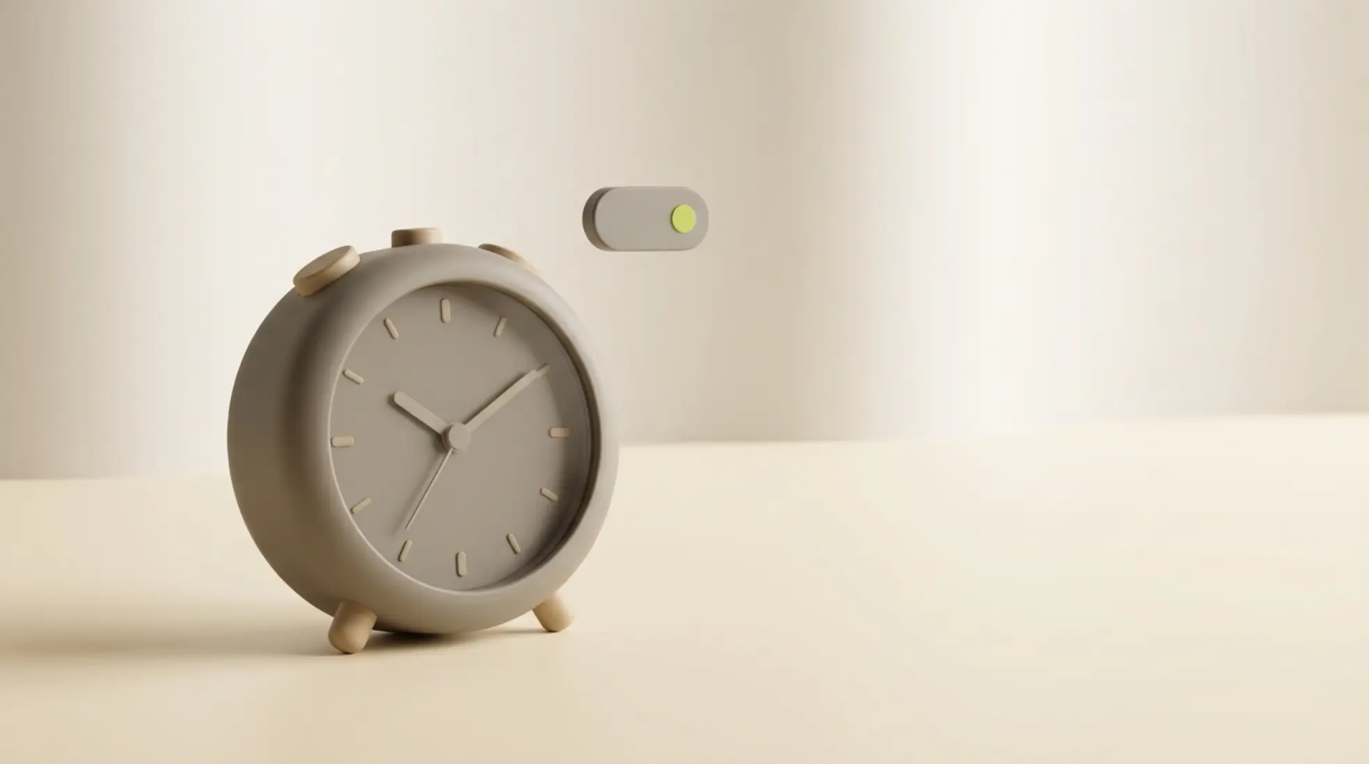 Minimalistische 3D render van analoge wekker met kleine zwevende chatmelding erachter op lichte achtergrond met lege ruimte rechts