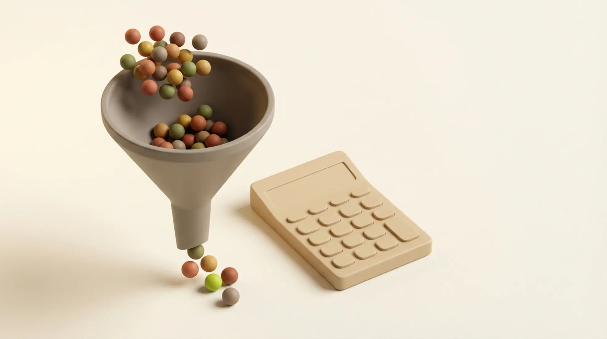 3D render van trechter met kralen en een calculator ernaast als metafoor voor recruitmentfunnel en ROI op rustige lichte achtergrond