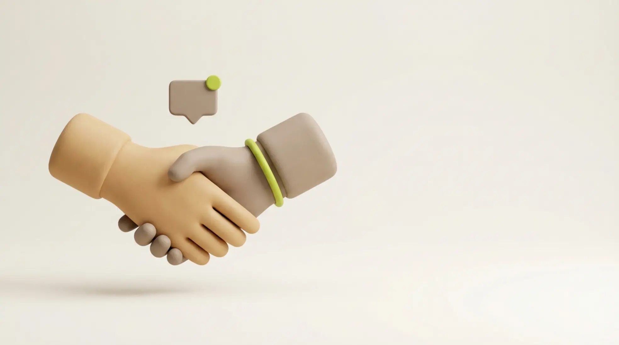3D illustratie van twee matte klei achtige vormen die een handdruk vormen met kleine chat bubbel op lichte creme achtergrond met veel lege ruimte rechts