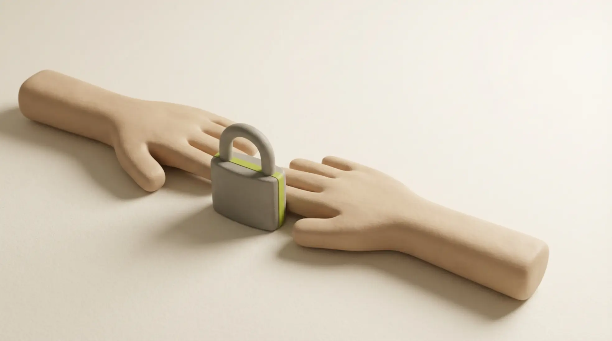 3D weergave van twee beige handvormen die naar elkaar reiken maar worden geblokkeerd door een grijs hangslot op rustige lichte achtergrond