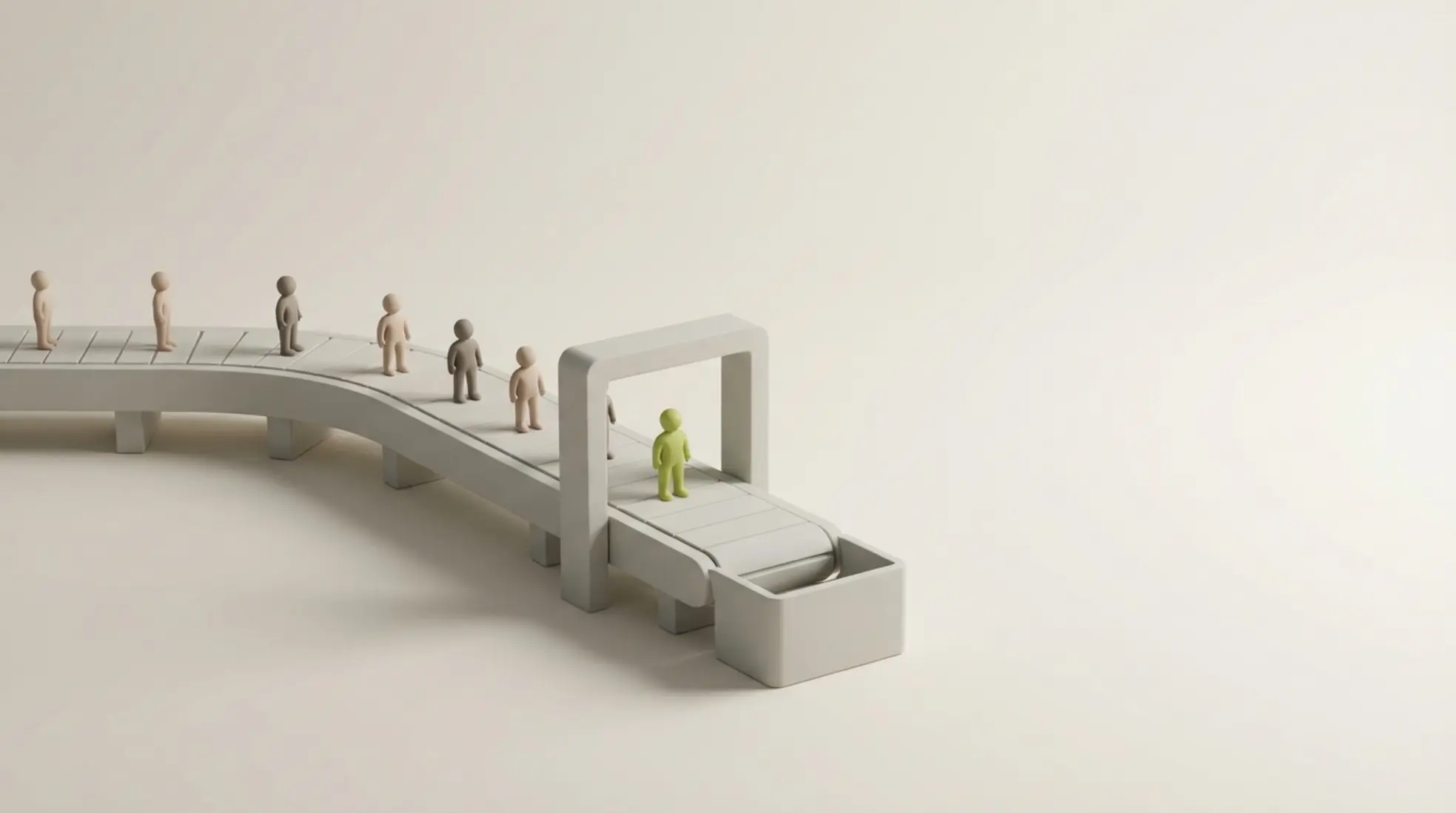 Minimalistische 3D transportband met kleine figuren, één groen gemarkeerd als succesvolle hire, in rustige studio-omgeving met veel lege ruimte