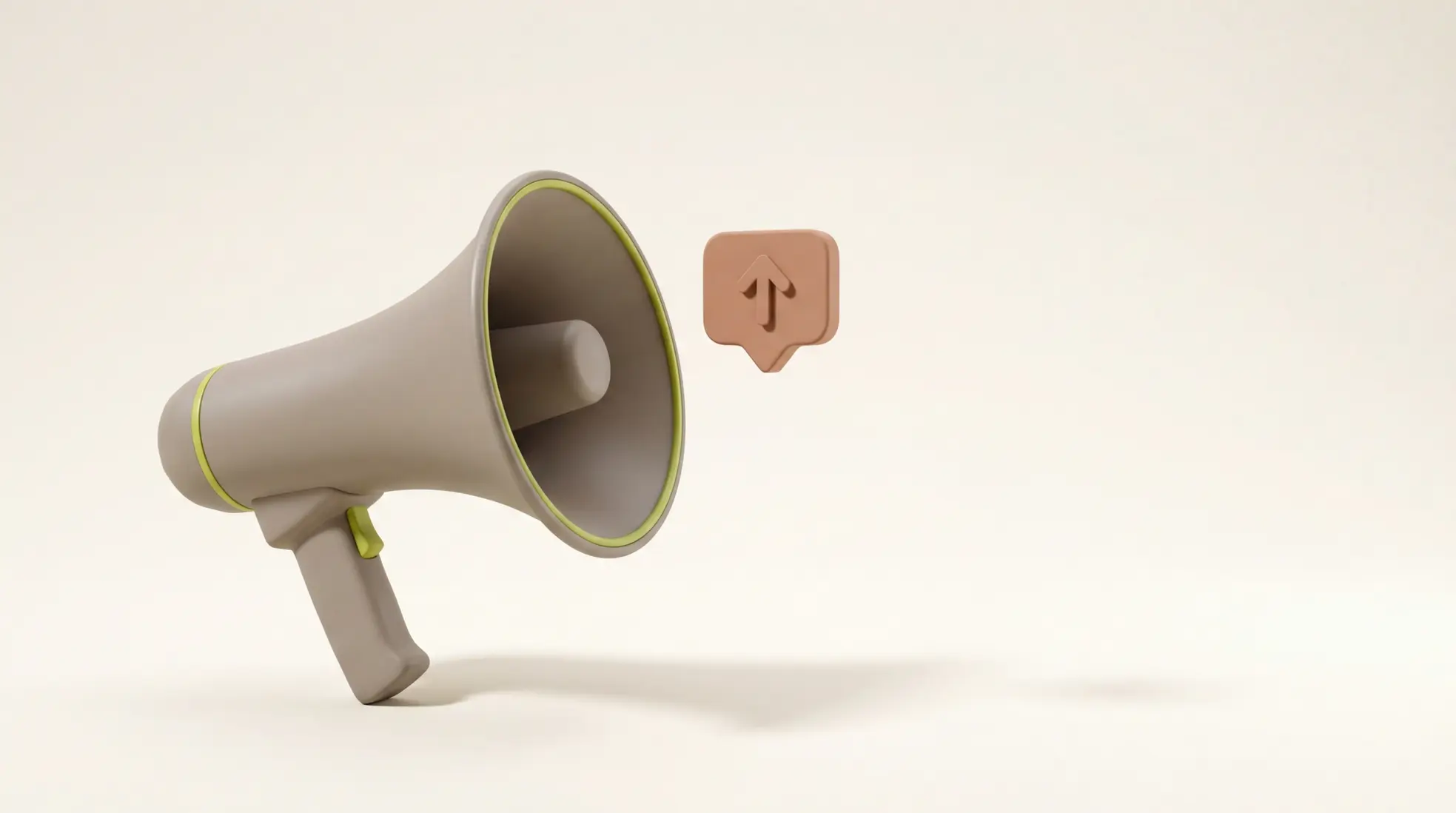 3D render van matte megafoon met limegroene rand en kleine notificatiebel op warme lichte achtergrond met veel lege ruimte rechts