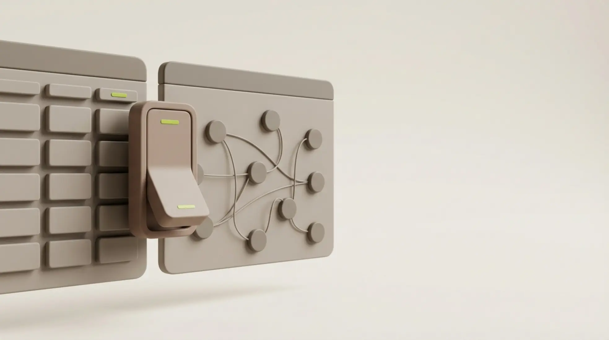 Minimalistische 3D schakelaar tussen gestructureerd raster en vrije netwerkvorm, in warme grijstinten met subtiel limegroen accent en lege ruimte rechts