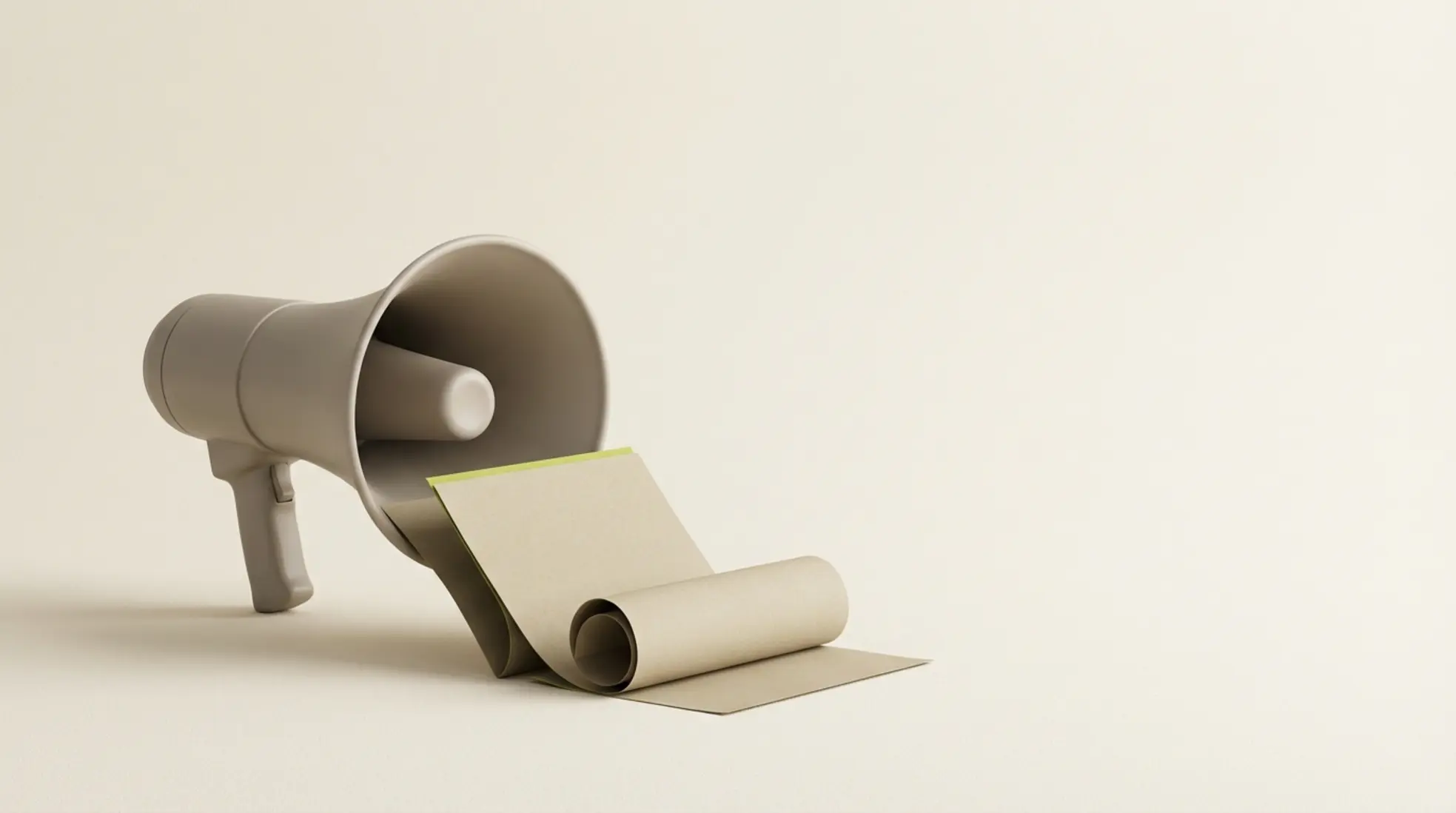 3D render van matte grijze megafoon met enkele papieren vellen, minimalistisch op warme lichte achtergrond met veel lege ruimte rechts