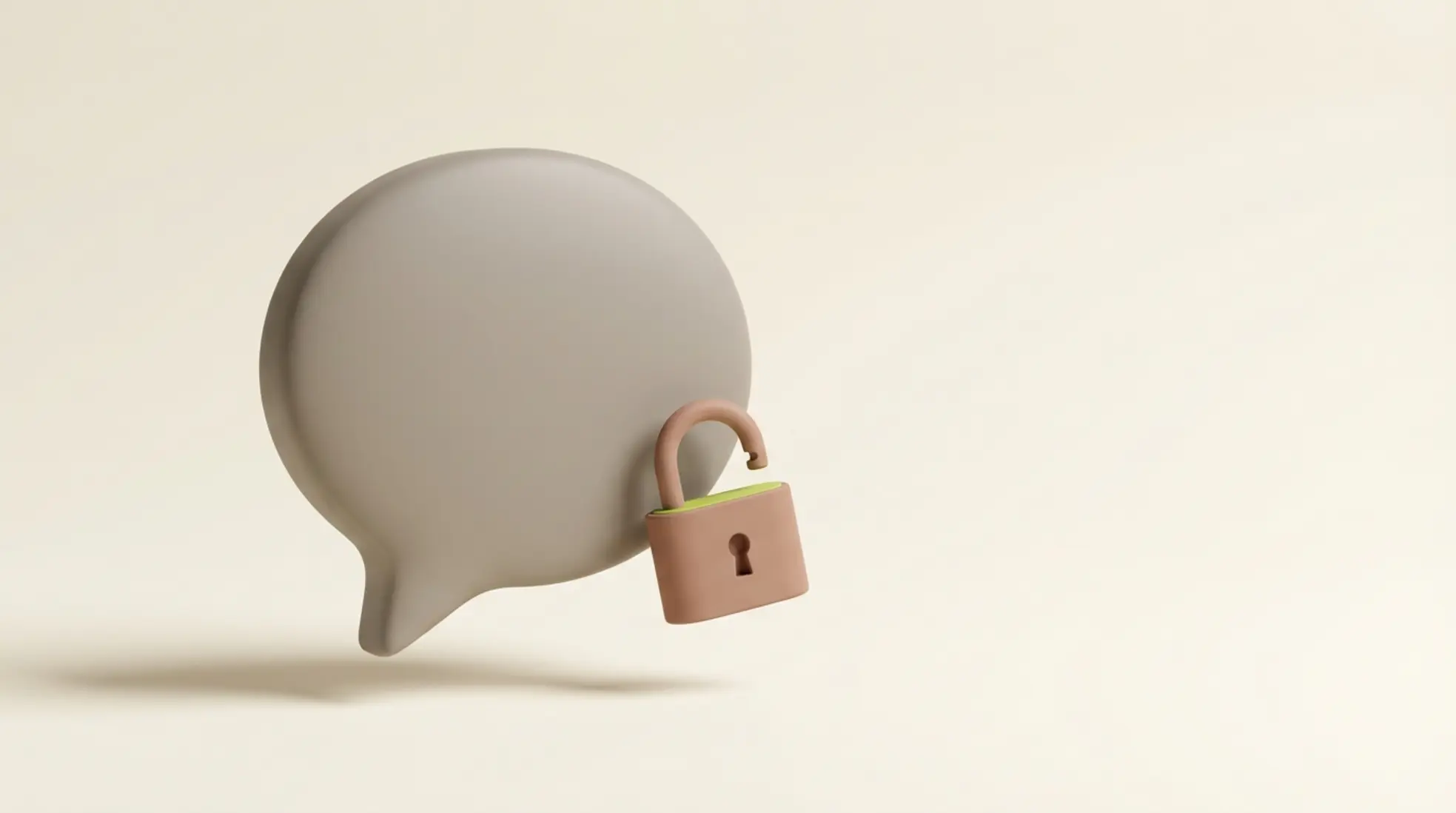 3D render van chatballon met klein open hangslot ervoor op warme lichte achtergrond minimalistisch en strak weergegeven