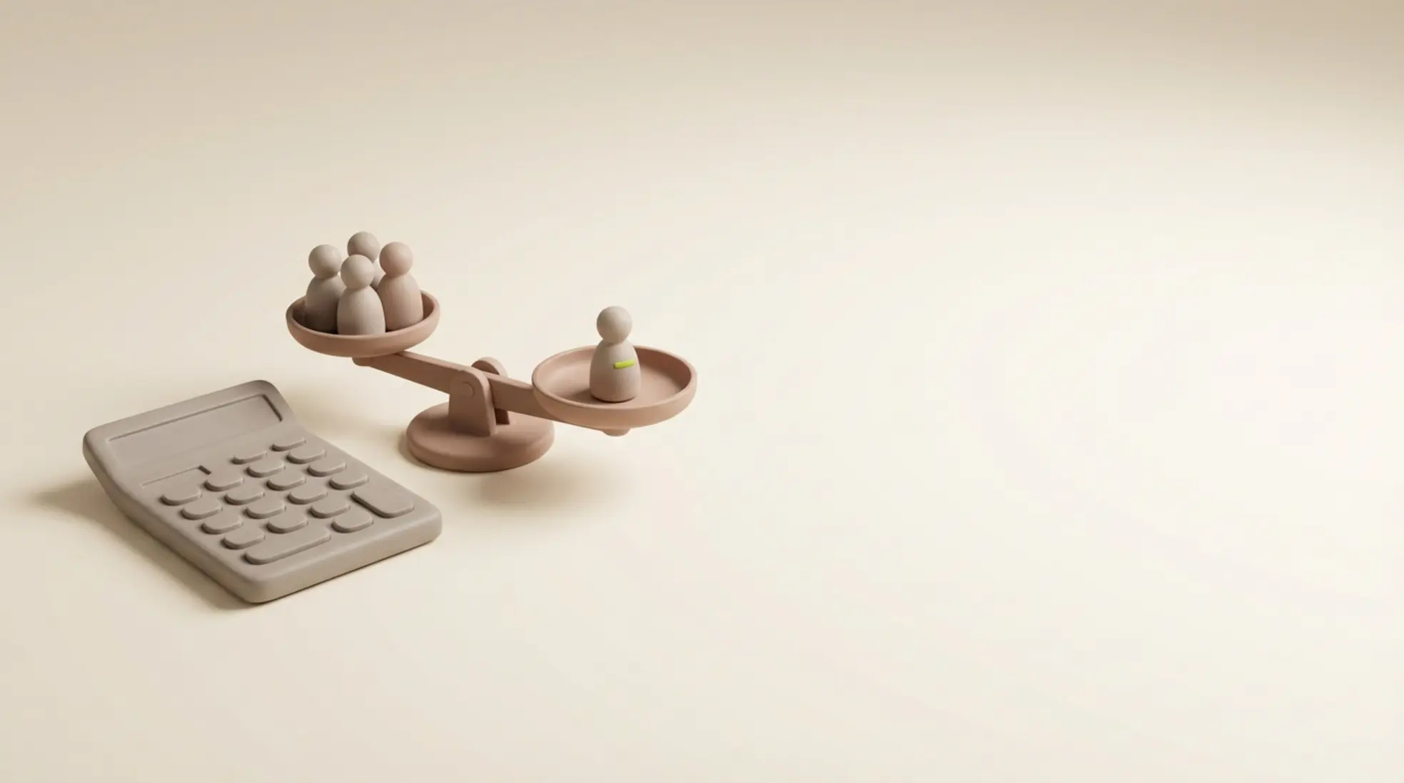 3D render van matte calculator en weegschaal met kleine figuren die kosten per hire symboliseren op lichte achtergrond met veel lege ruimte