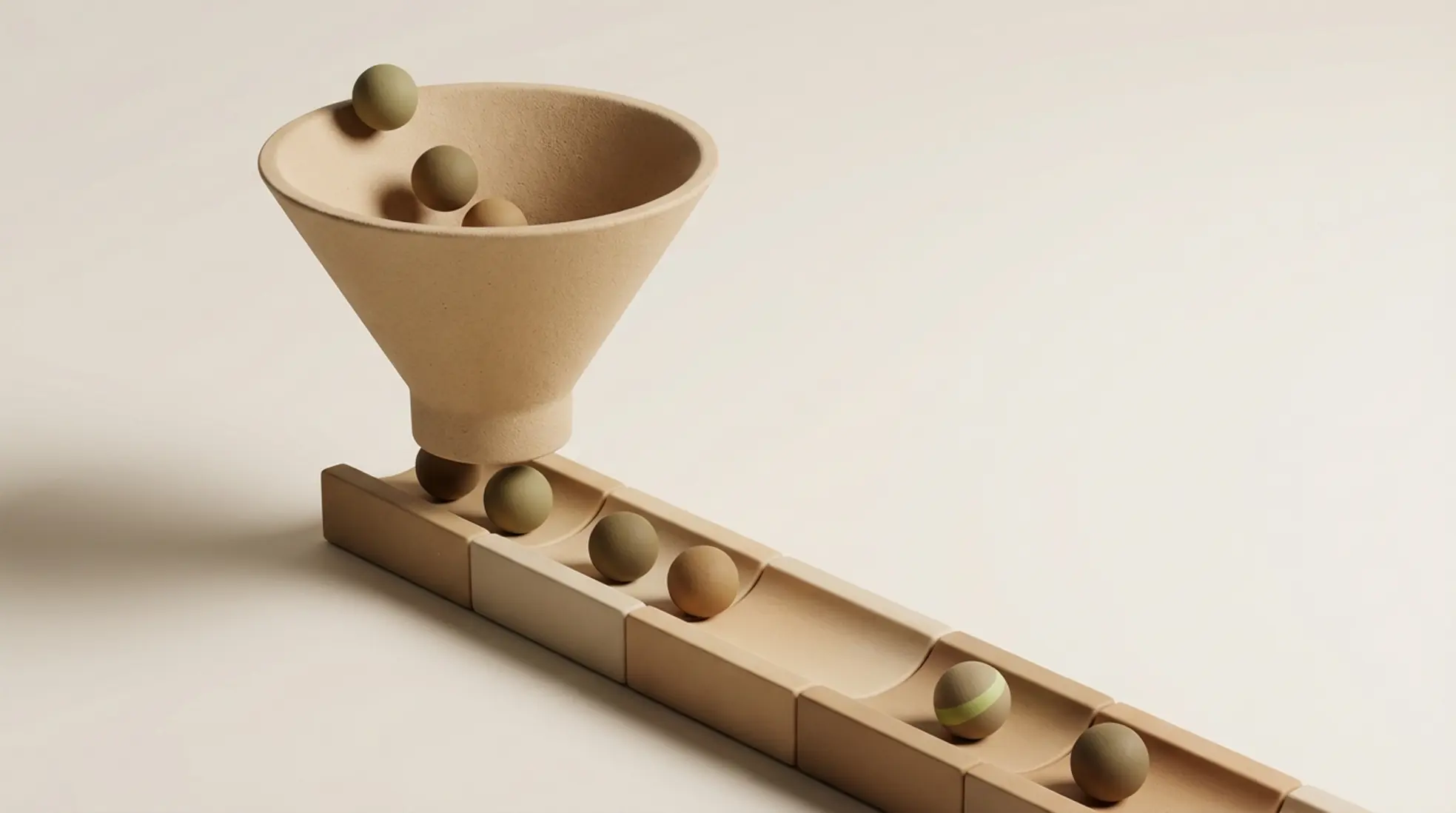 3D render van zandkleurige trechter die kleibolletjes naar een minimalistische transportband leidt als gestructureerde wervingspijplijn met één groen accent