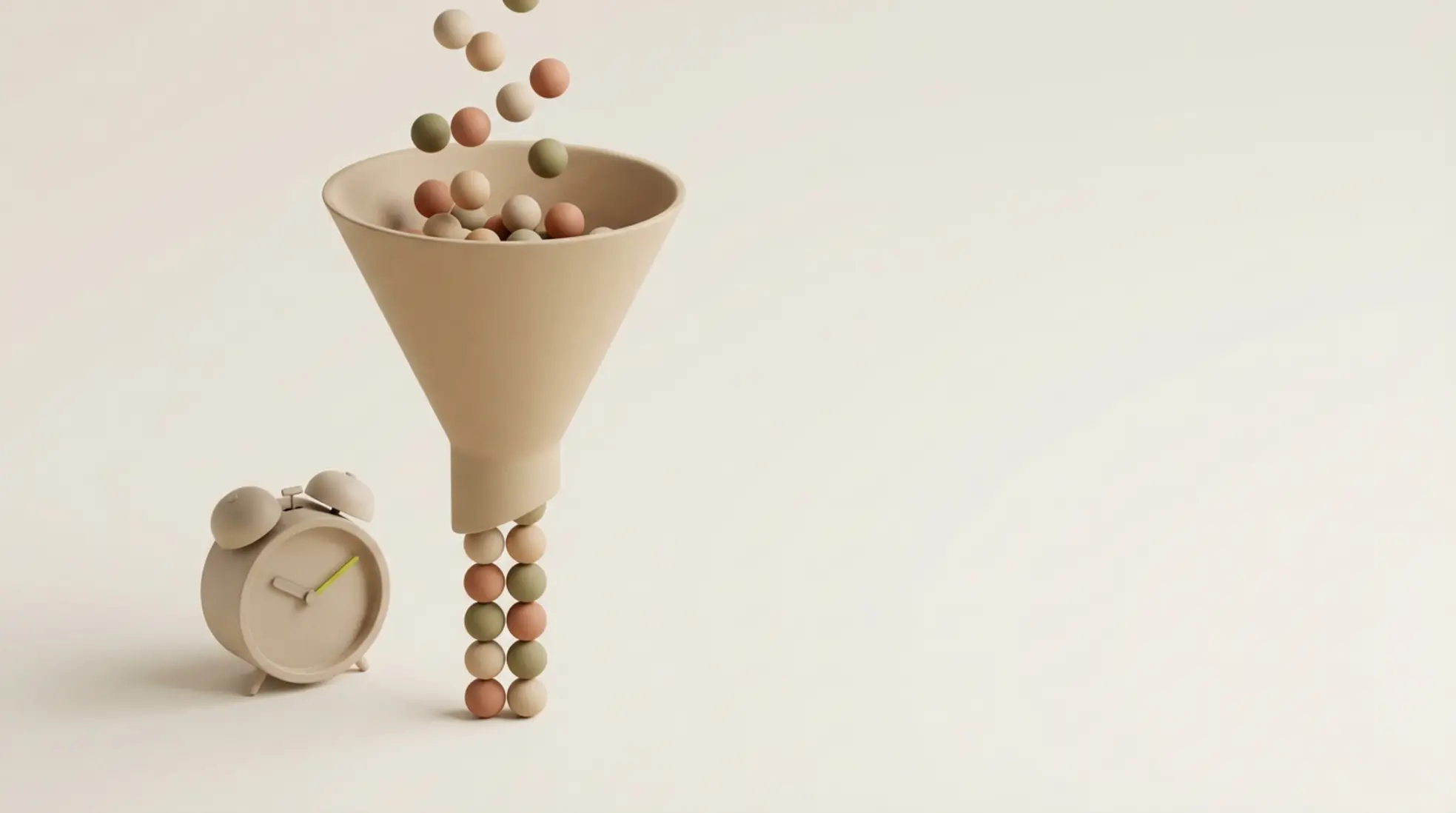 3D render van zandkleurige trechter die kleibolletjes ordent met klein klokje ernaast in warme tinten op lichte achtergrond met veel lege ruimte