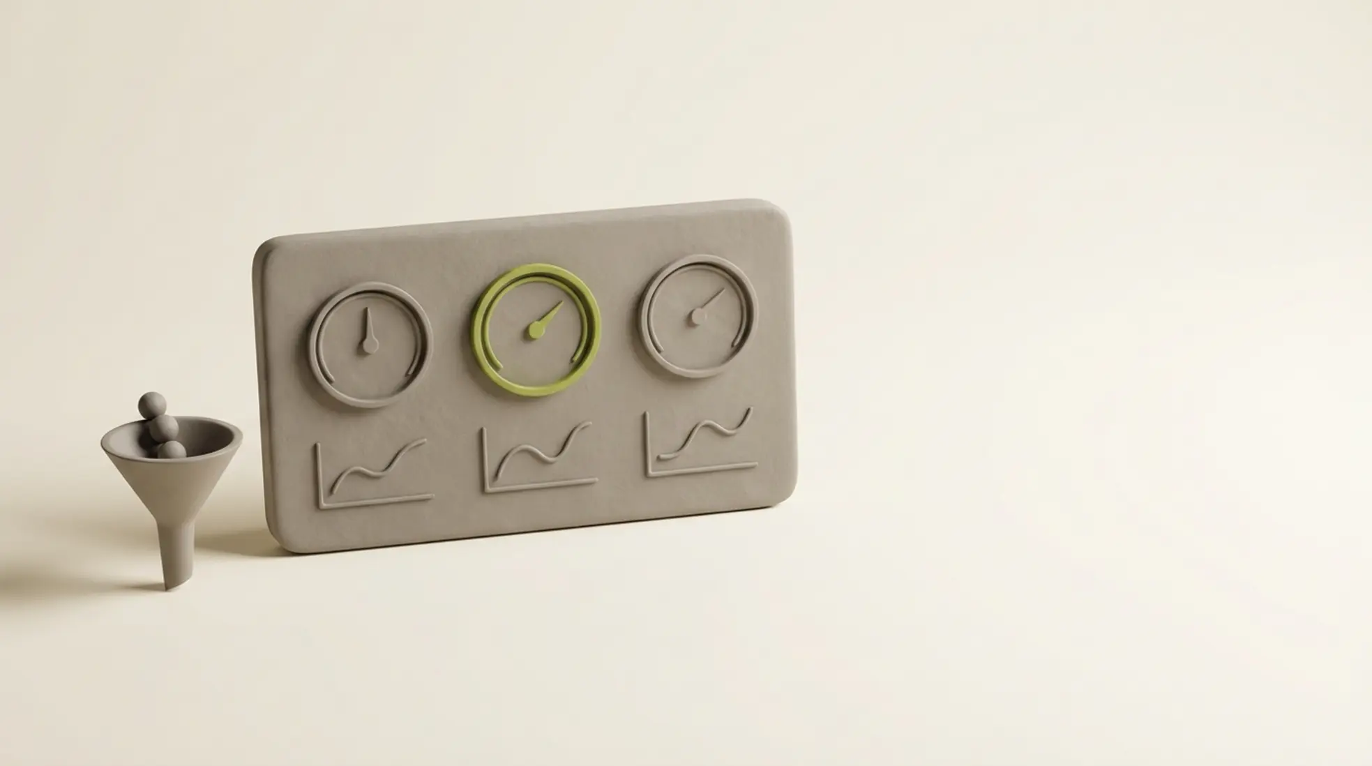 Minimalistisch 3D dashboard met drie meters en lijn grafiek en een kleine funnel met bolletjes op lichte achtergrond met veel lege ruimte